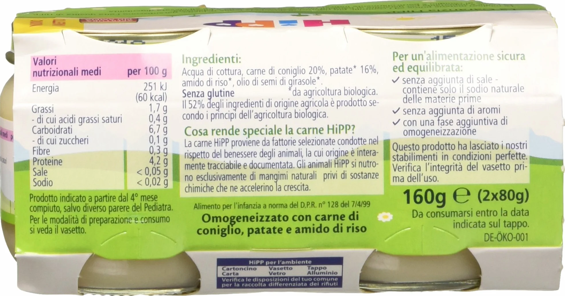 HiPP - Omogeneizzato di Carne per Neonati, Gusto Coniglio con Patate, Senza glutine, Senza Sali e Aromi Aggiunti, 24 Vasetti da 80 g