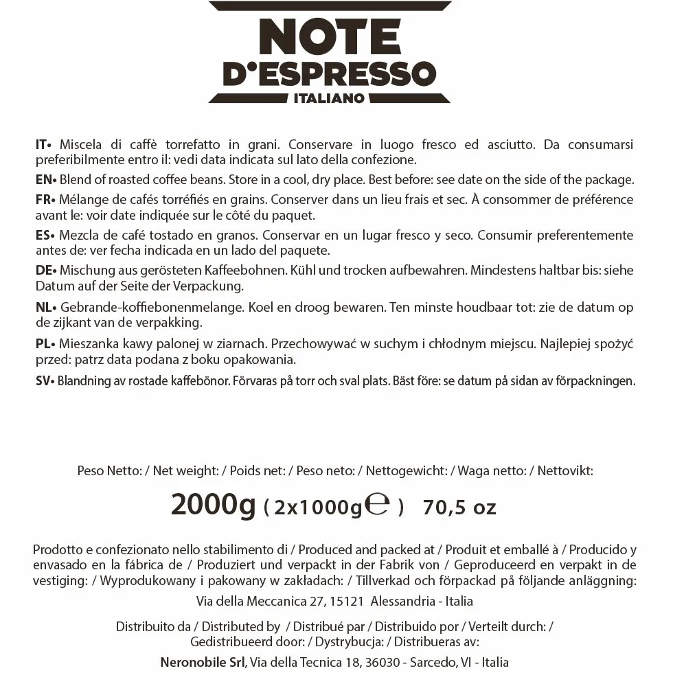 Note D'Espresso Arabica, Miscela di Caffe Torrefatto in Grani, 2 kg, Confezione da 2 x 1000 g