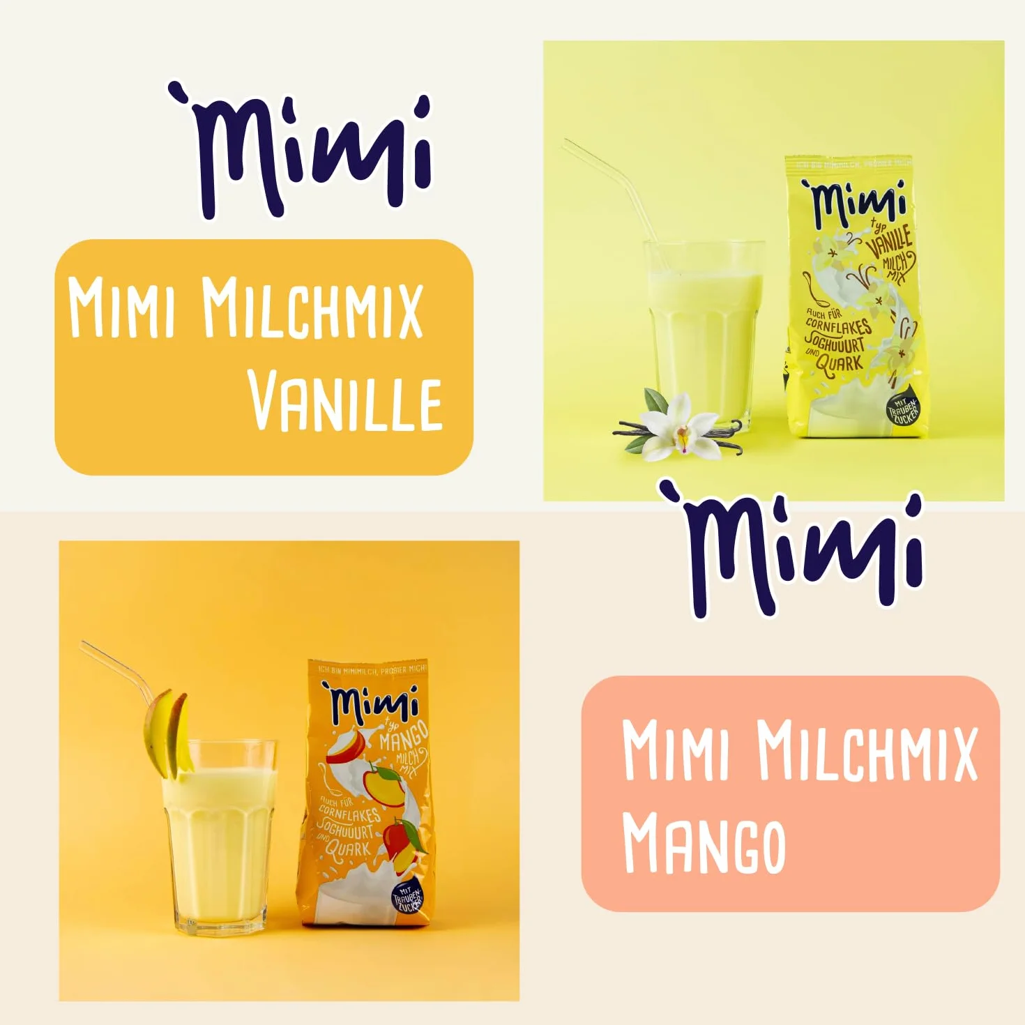 Mimi, confezione da 8 pezzi, mix di latte e bevande in polvere (2 confezioni da 400 g), banana, fragola, mango, vaniglia, confezione conveniente, ideale per il tempo libero, la scuola o per andare in