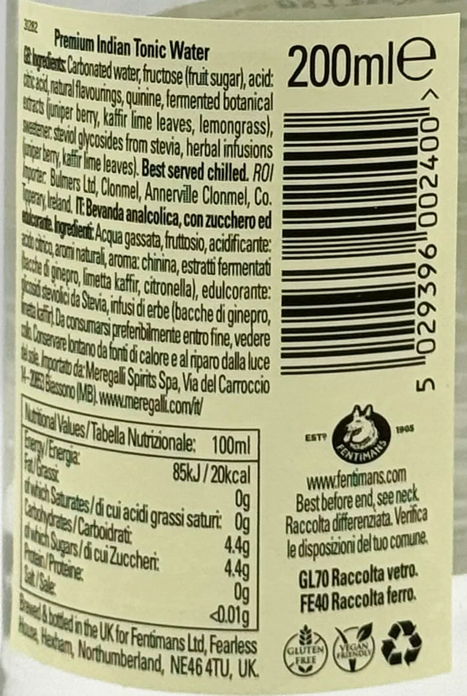 Fentimans Premium Indian Tonic Water, 200 ml, 24 Pezzi