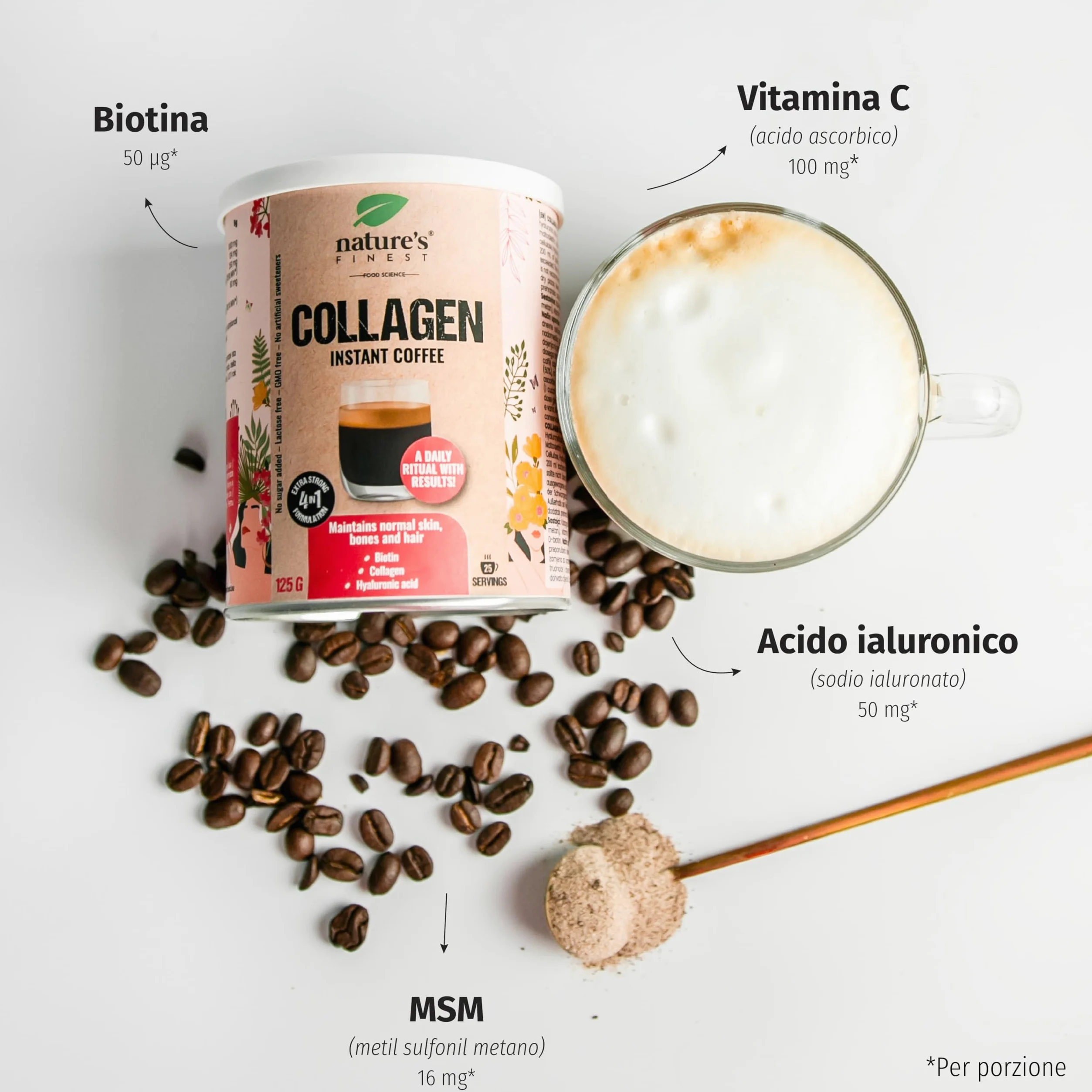 Nature's Finest Collagen Coffee 375 g (Confezione da 3) | Caffe Istantaneo in Polvere - Pronto in un Minuto - Pratica Lattina