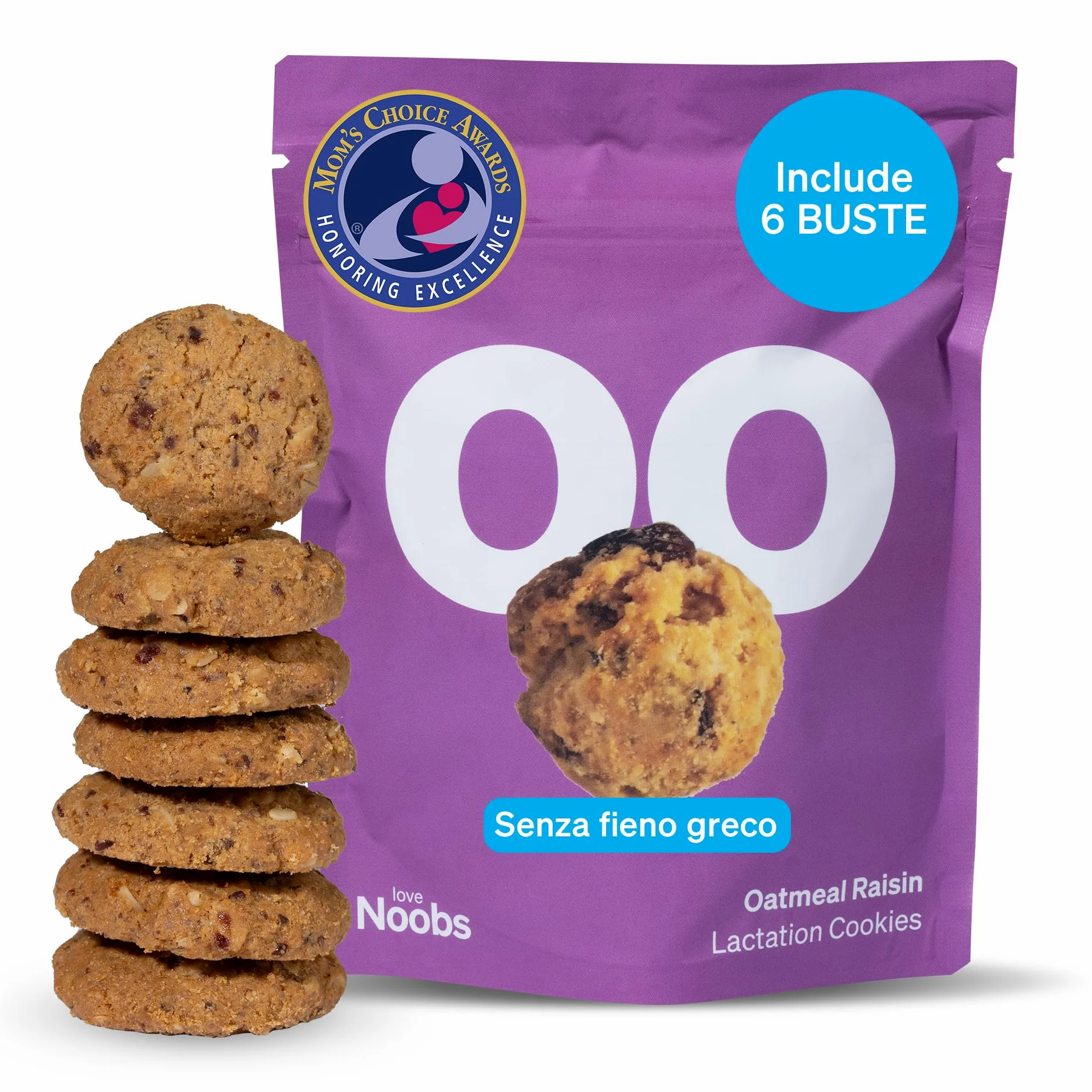 Biscotti per L'allattamento al Seno Love Noobs, Biscotti per L'allattamento, Snack salutare, 6 x 100 gr, Farina D'avena e Uvetta