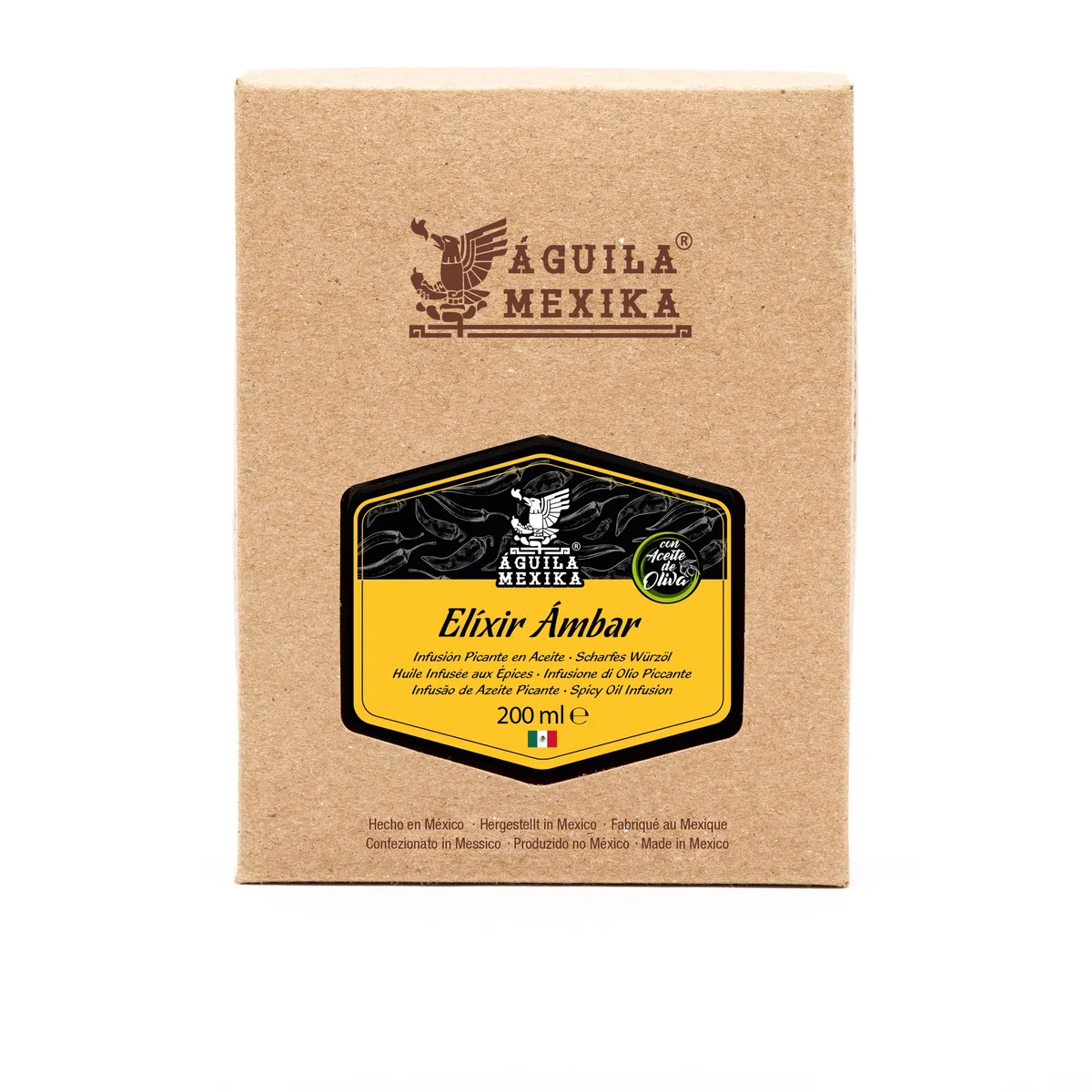 ÁGUILA MEXIKA | Elíxir Ámbar - Infusione naturale di Olio Piccante di 3 varietà di peperoncino messicano: Chipotle, Morita & 'Rojo de Árbol', e Aglio, in Olio Vergine d'Oliva.
