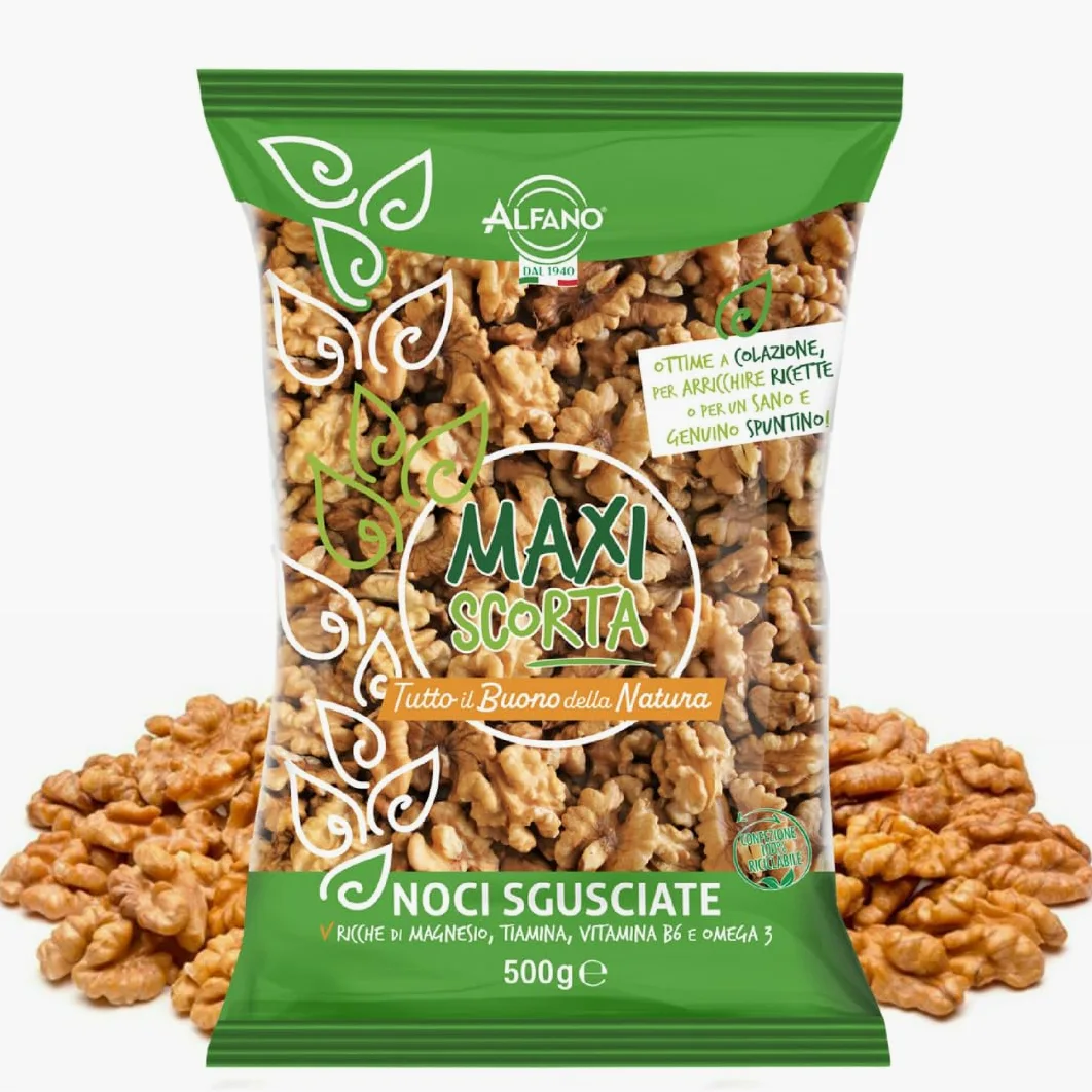 Alfano dal 1940 Noci Sgusciate Maxi Scorta 500g Ricche di Magnesio, Tiamina, Vitamina B6 e Omega 3 Snack Ideale per una Dieta Equilibrata e Vegana (4 Pezzi)