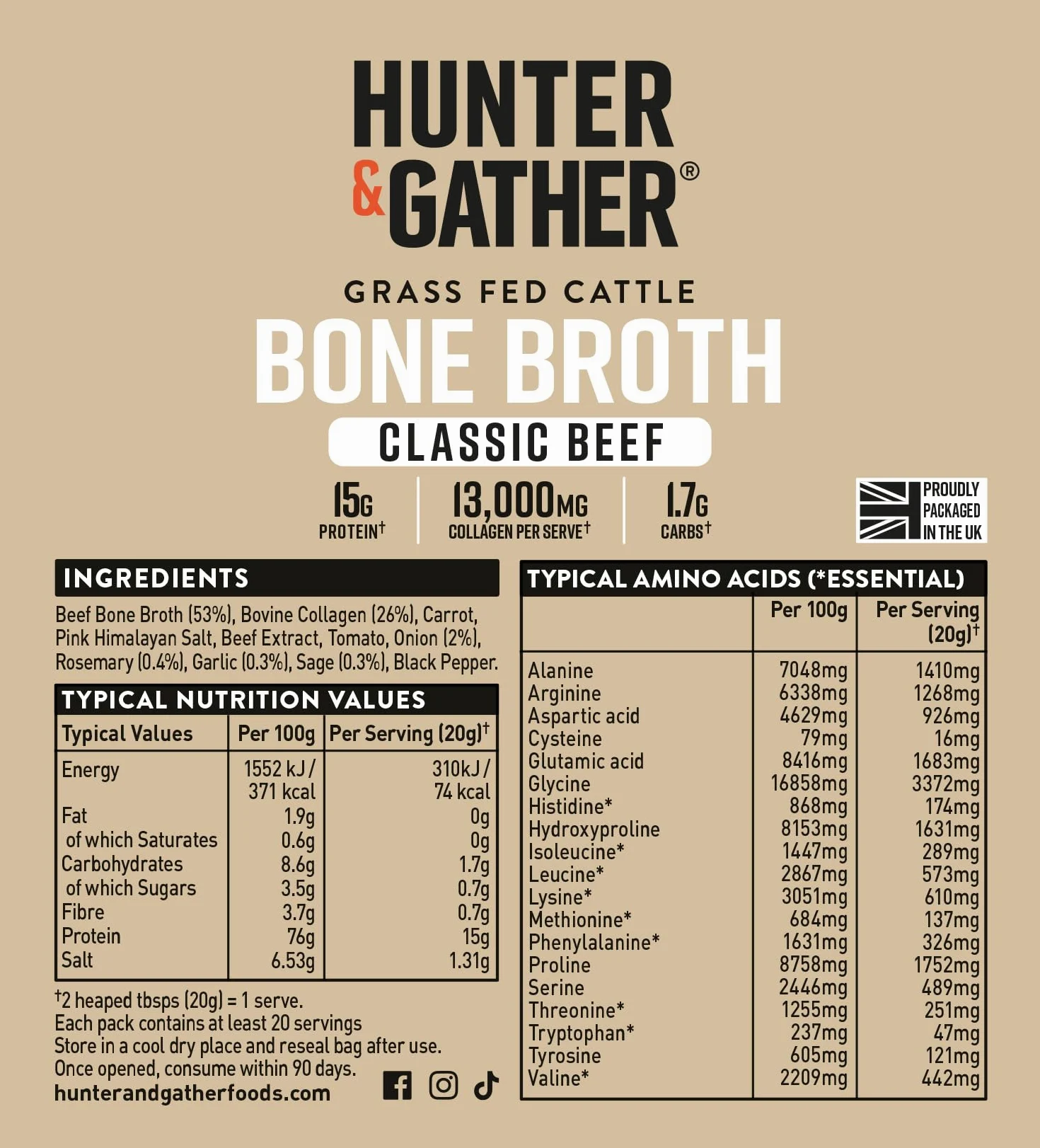 Hunter & Gather Brodo di Ossa di Manzo in Polvere 400g | 15g di Proteine & Collagene da Bovini Europei Nutriti a Erba | Istantaneo, Senza Glutine | Non Serve Refrigerazione | 74 kcal/porzione