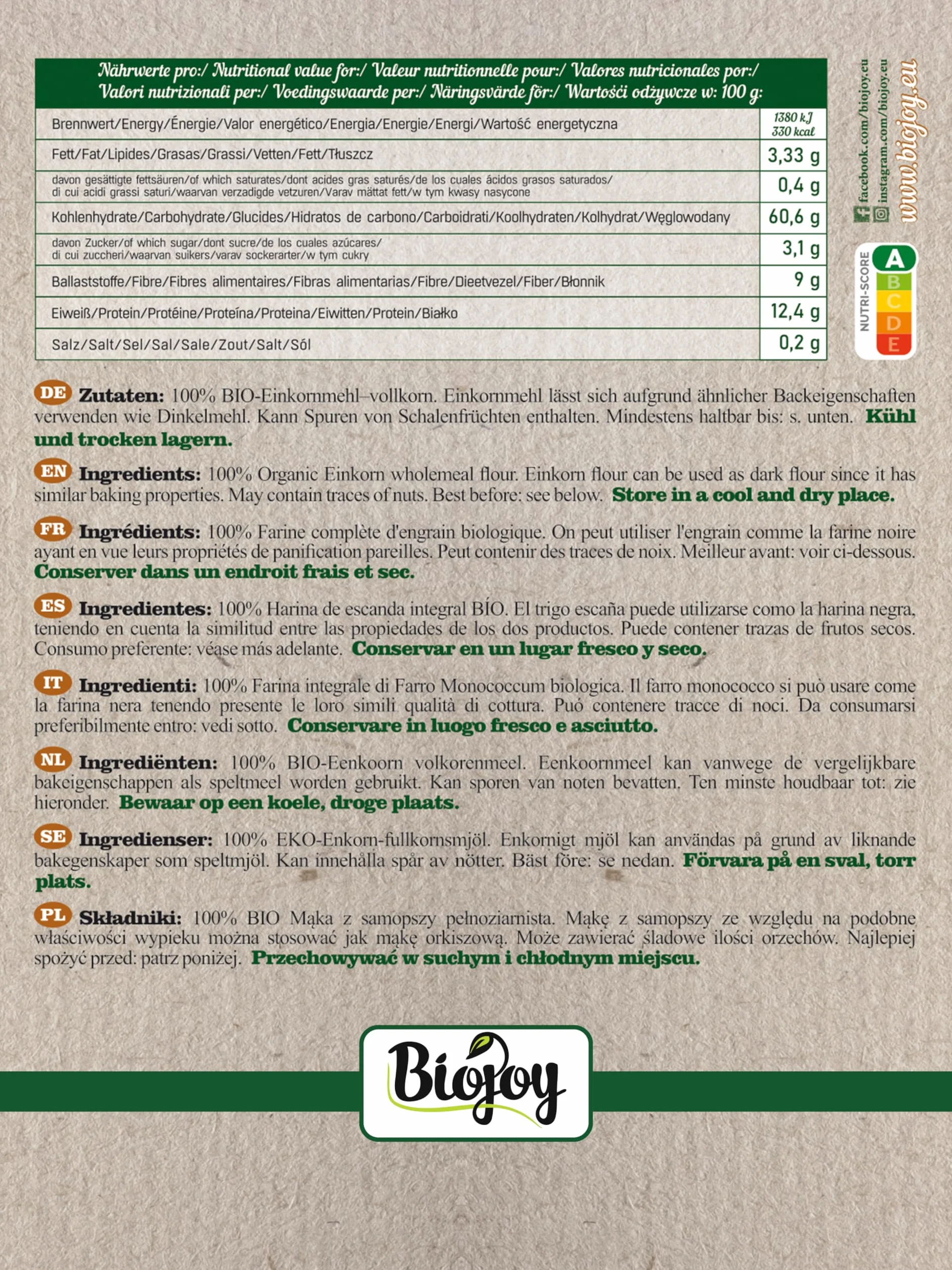 Biojoy Farina di Farro Monococco integrale Biologico (5 kg), senza additivi (Triticum monococcum)