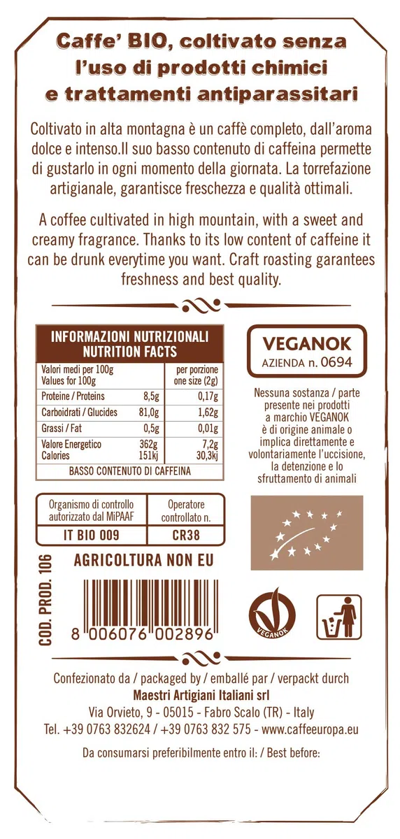 Caffè Europa - Caffè Biologico in Grani Ottenuto Attraverso Tostatura Artigianale, Caffe Vegano e Gluten Free, Miscela 80%Arabica- 20%Robusta, 1kg