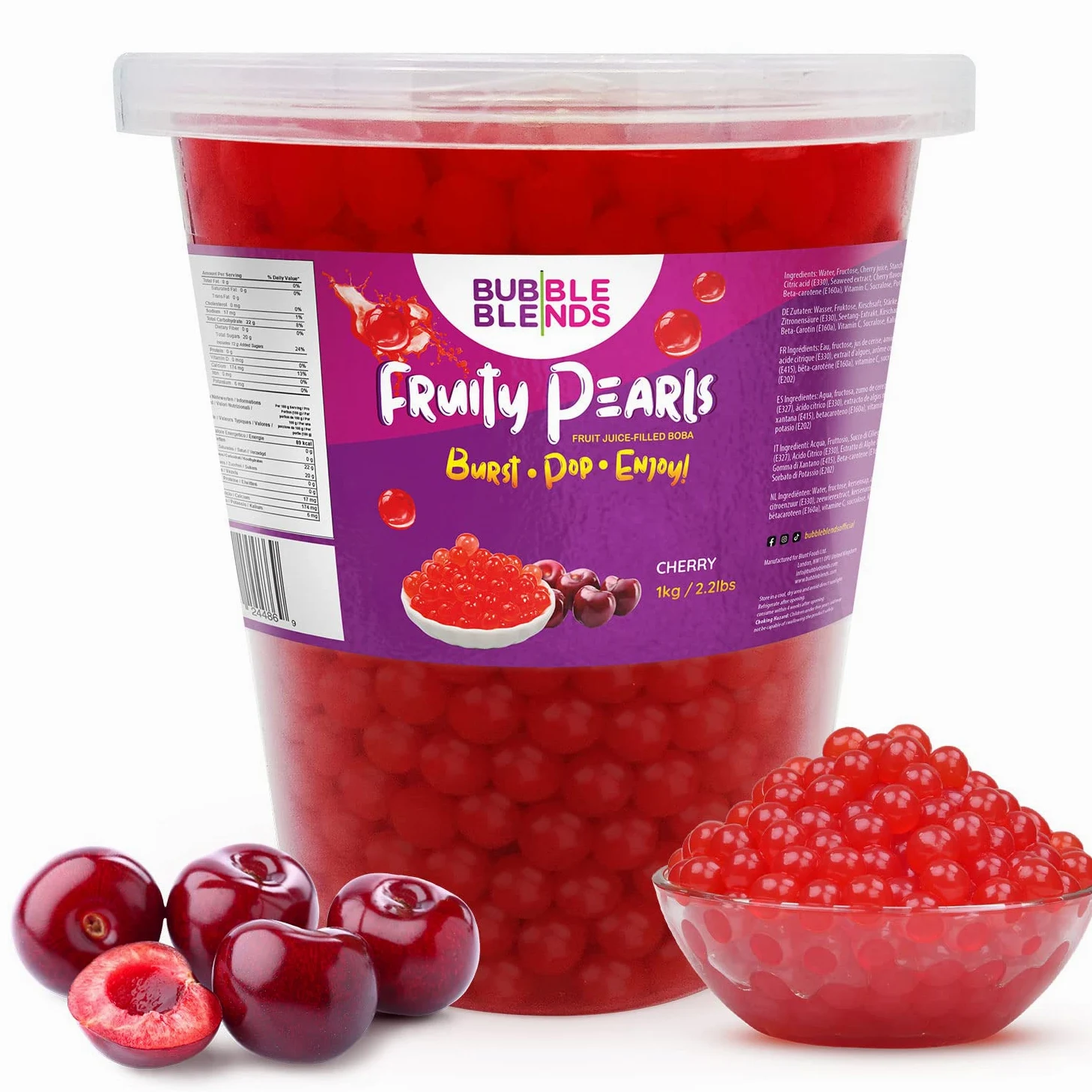 Bubble Blends Cherry PoppingBoba (2.2lbs) - Popping Pearls 100% Fat-Free - Real Fruit Juice - Bursting BobaPearls for Bubble Tea, BobaDrink Sinkers & Dessert Toppings