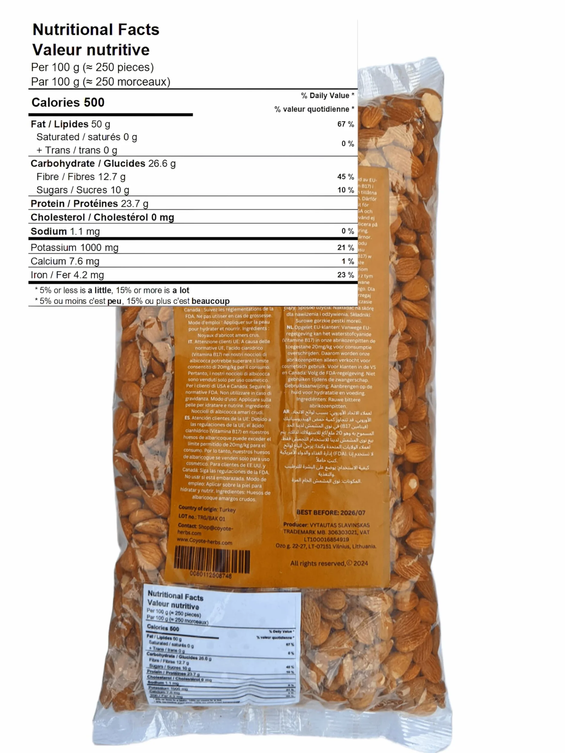 1,816 kg./semi di albicocca amari/Nocciolo di albicocca amaro e crudo/Vitamina b17/mandorle amare