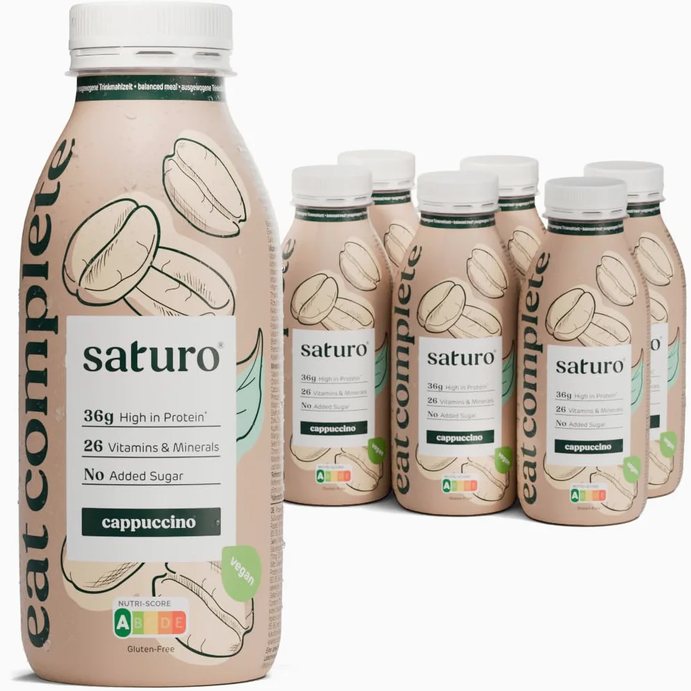 Saturo Pasto Sostitutivo Frullato Gusto Cappuccino | 36 g di proteine & senza zucchero | 400 kcal | Vegano | Pasto Bevibile con Nutrienti Essenziali | 6 x 400 ml
