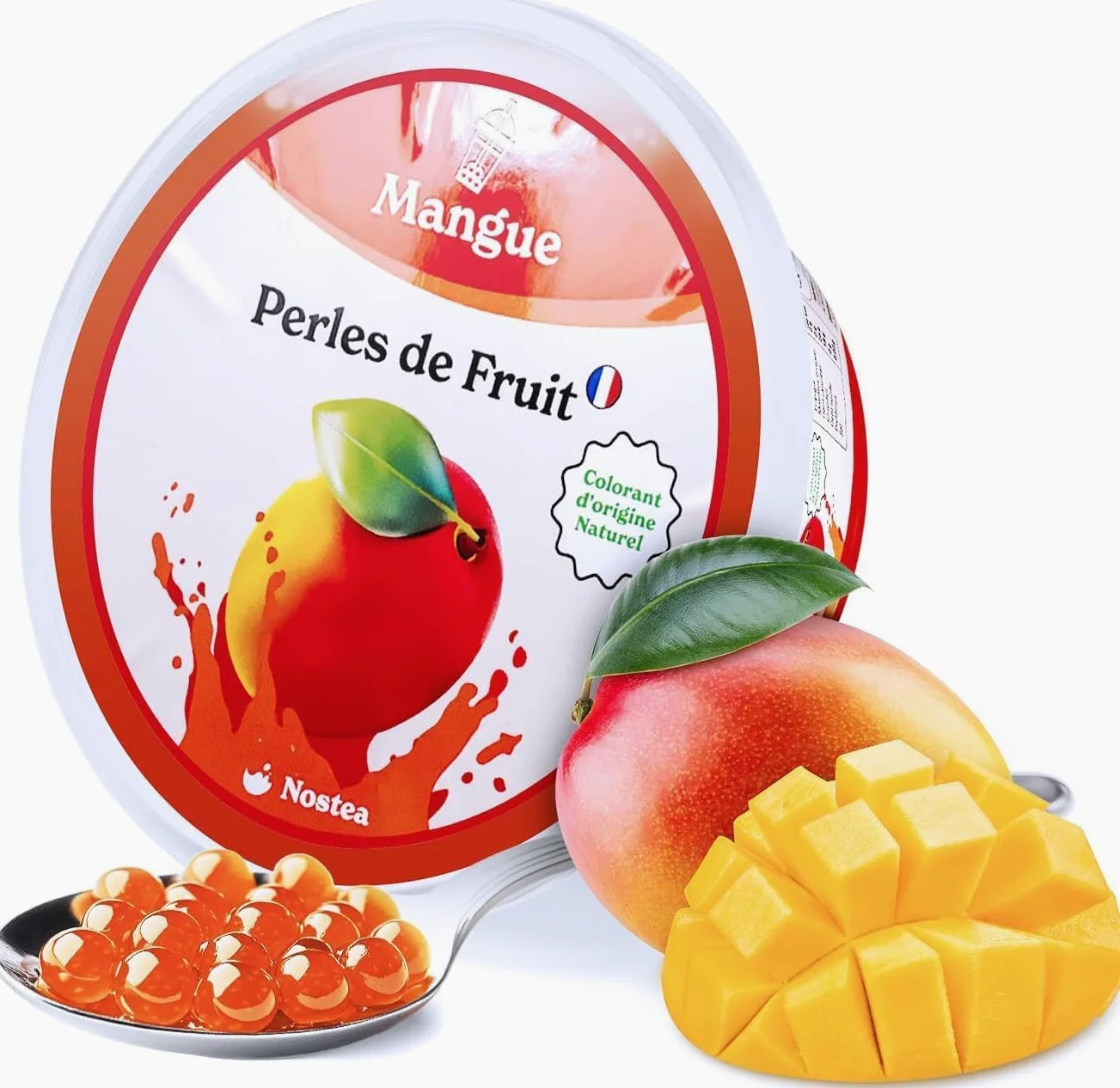 Nostea - Set di 3 vasetti, Perle per Bubble Tea Mango, Passione, Lampone – Popping Boba 100% Vegano, Senza Glutine - Perle al Succo di Frutta per Tè, Bevande - Produzione Francese - 3x 450 gr