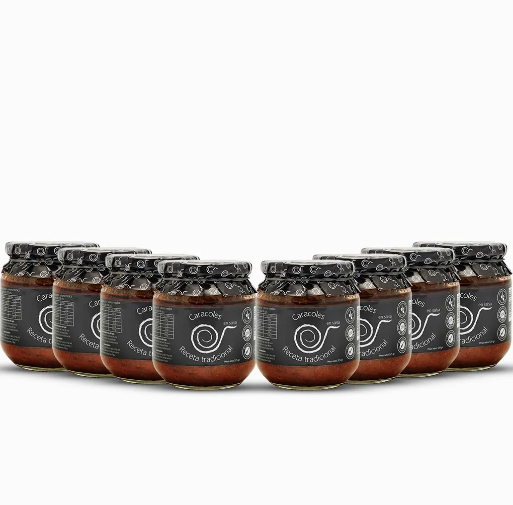Lumache da mangiare. Lumache in salsa. Lumache cotte 550gr (Confezione da 8). Ricetta familiare, casalinga e artigianale. Conserve gastronomiche. Regalo originale per tutti. Prodotto 100% fatto Spagna