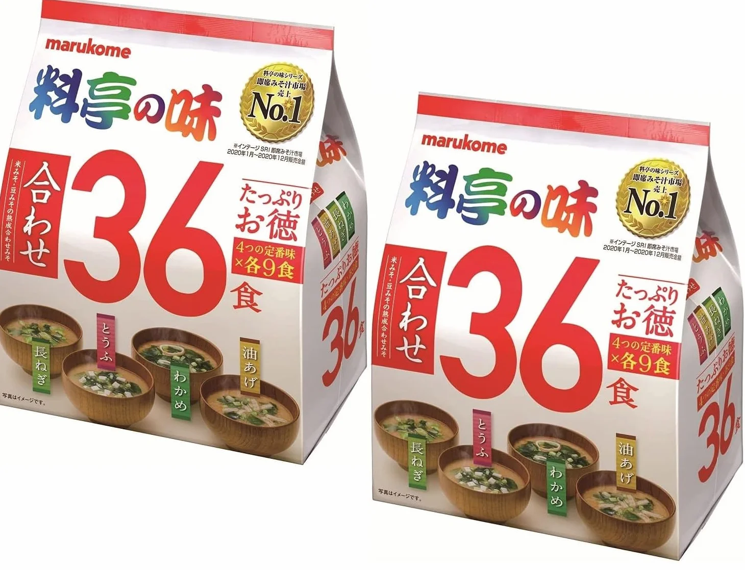 Marukome Zuppa Miso Ryotei no Aji 4 Sapori, 36 Zuppe Miso Istantanee Giapponesi (Alghe Wakame, Cipolle Verdi, Tofu, Aburaage), Confezione da 2 confezioni (Total 72 Zuppe)