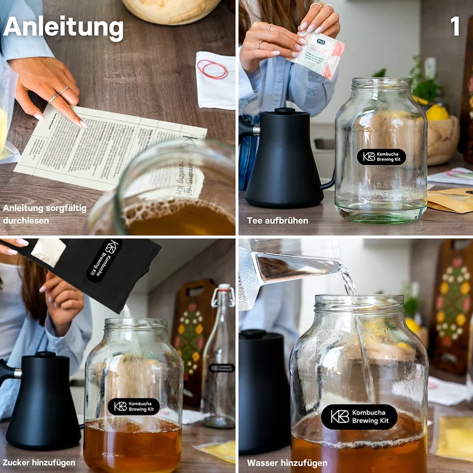 Kombucha Brewing Kit XL Bundlecon 2x coltura starter SCOBY biologica, 4 gusti di infusione, con 2x vaso di fermentazione, 2 bottiglia swing-top, zucchero di canna grezzo biologico, cannuccia di vetro