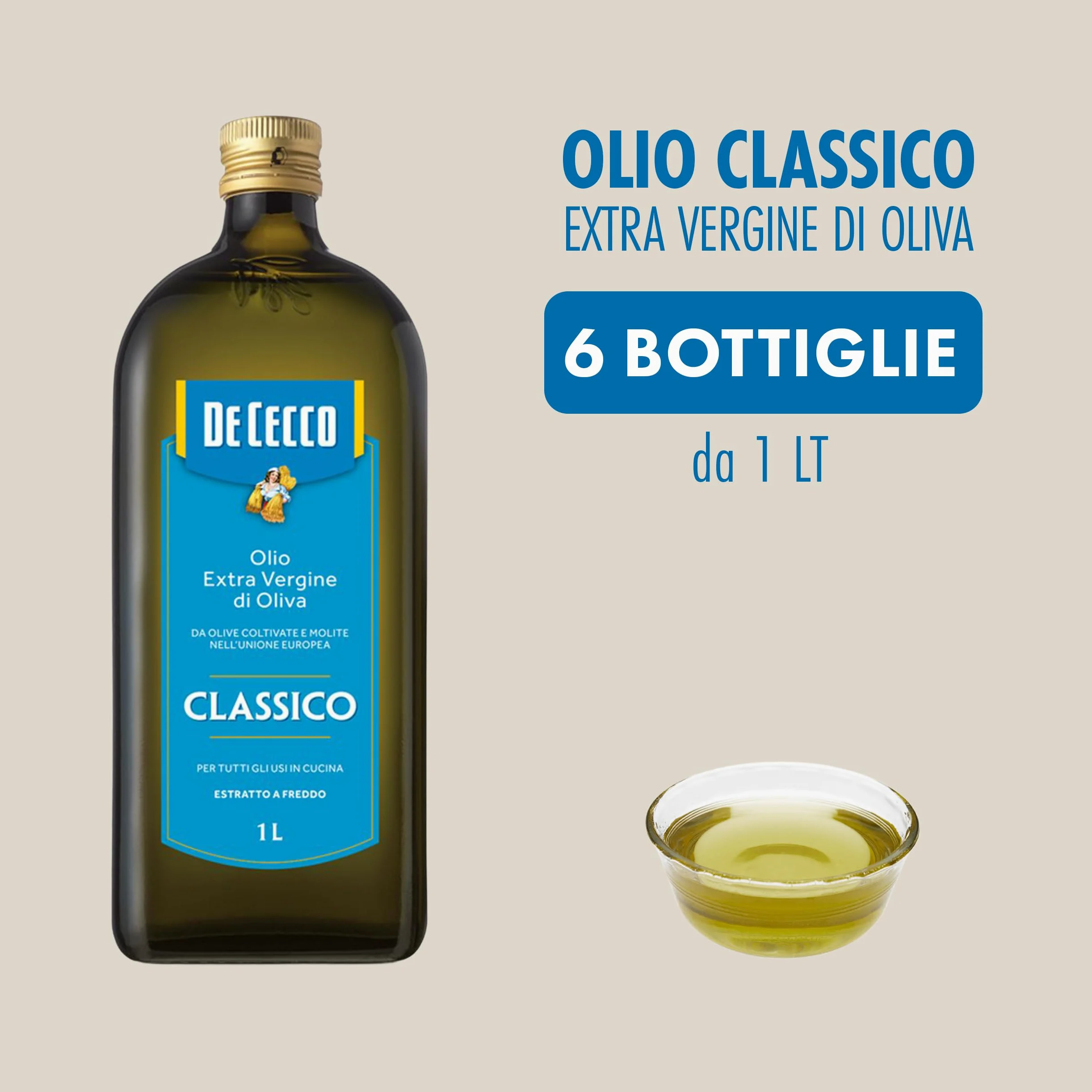 Olio Extravergine di Oliva Classico De Cecco | 6 Bottiglie da 1 L | Totale 6 Litri | Formato Scorta Convenienza