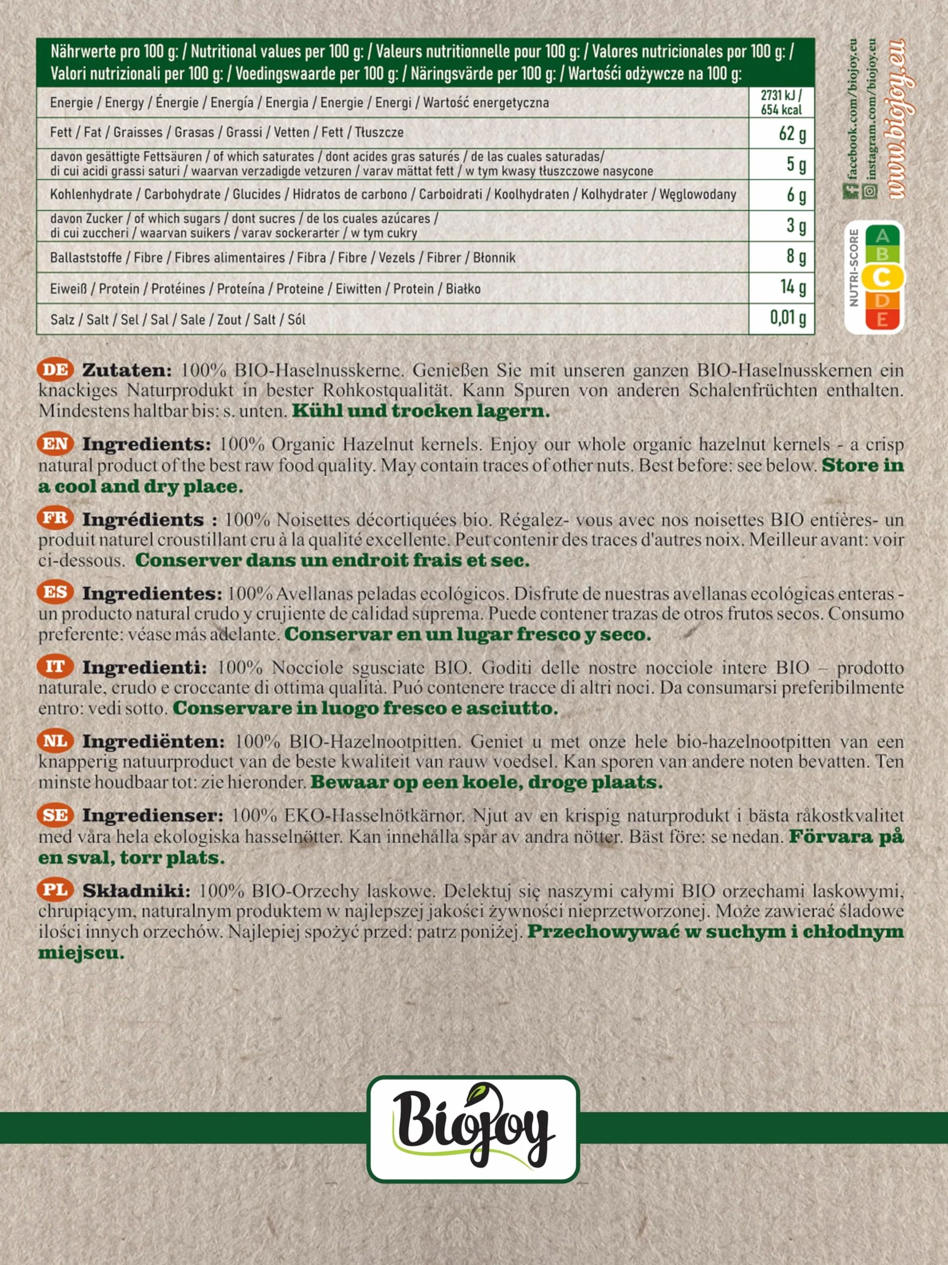 Biojoy Nocciole Sgusciate BIO (1 kg), crude e non salate