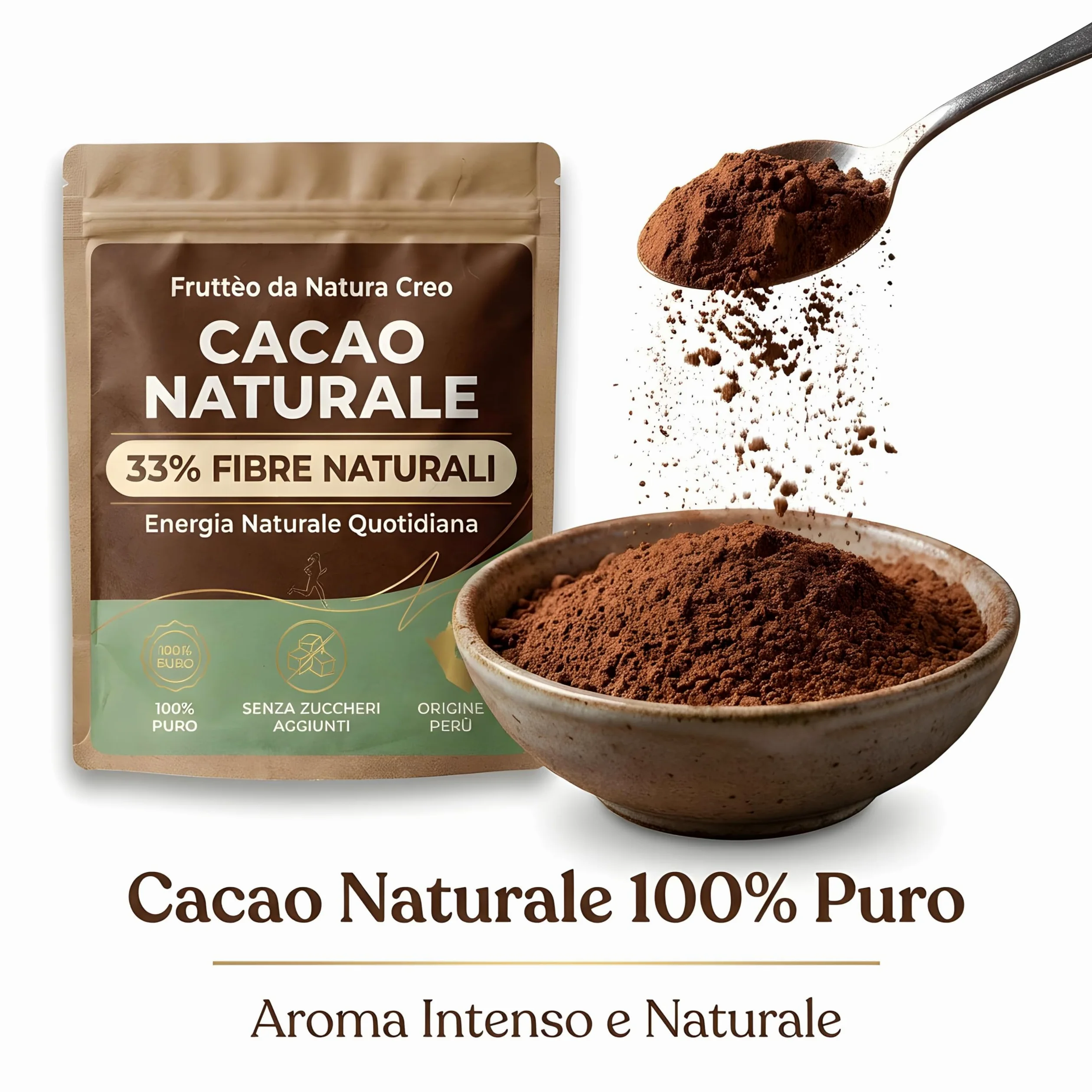 Cacao Amaro in Polvere 1 Kg – 100% Naturale Non Alcalinizzato – Alto Contenuto di Fibre (33%) – Senza Zucchero – Ideale per Dieta, Fitness e Colazione Sana