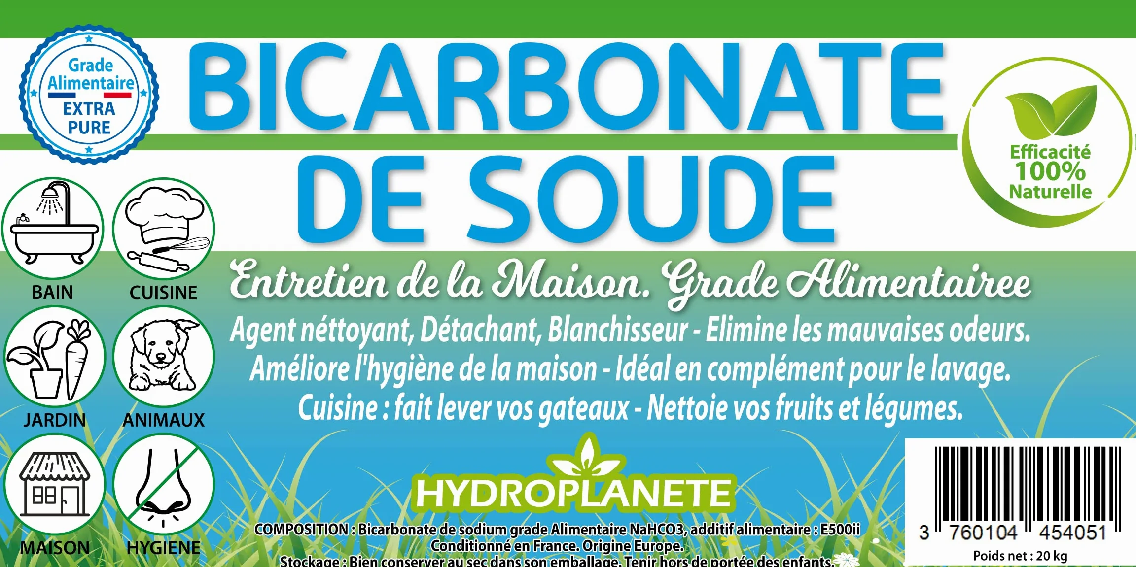 Bicarbonato di sodio multiuso - Polvere per uso alimentare e domestico - Senza additivi e 100% naturale - Prodotto in Francia - Disponibile da 1 kg a 20 kg - Hydroplanete