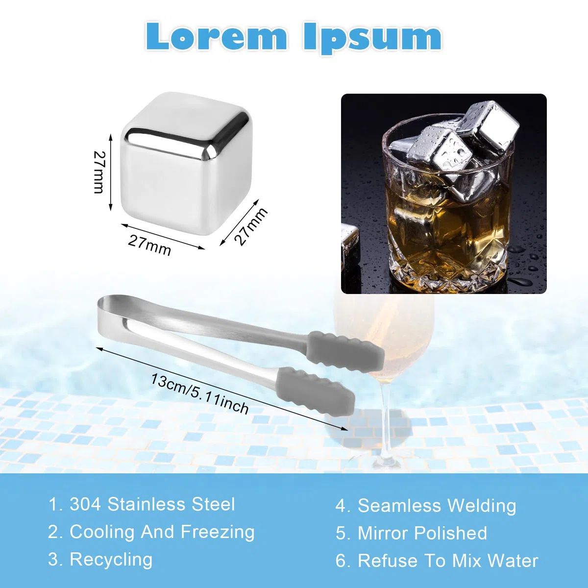 VFANDV 16 Pezzi Cubetti di Ghiaccio Riutilizzabili, Whiskey Stone Ghiaccio Cubetti Set Wisky con Pinze e Scatola, 304 Acciaio Inox Pietre di Whisky per Cocktail, Vino, Frutta, Puree di Frutta, Gelati