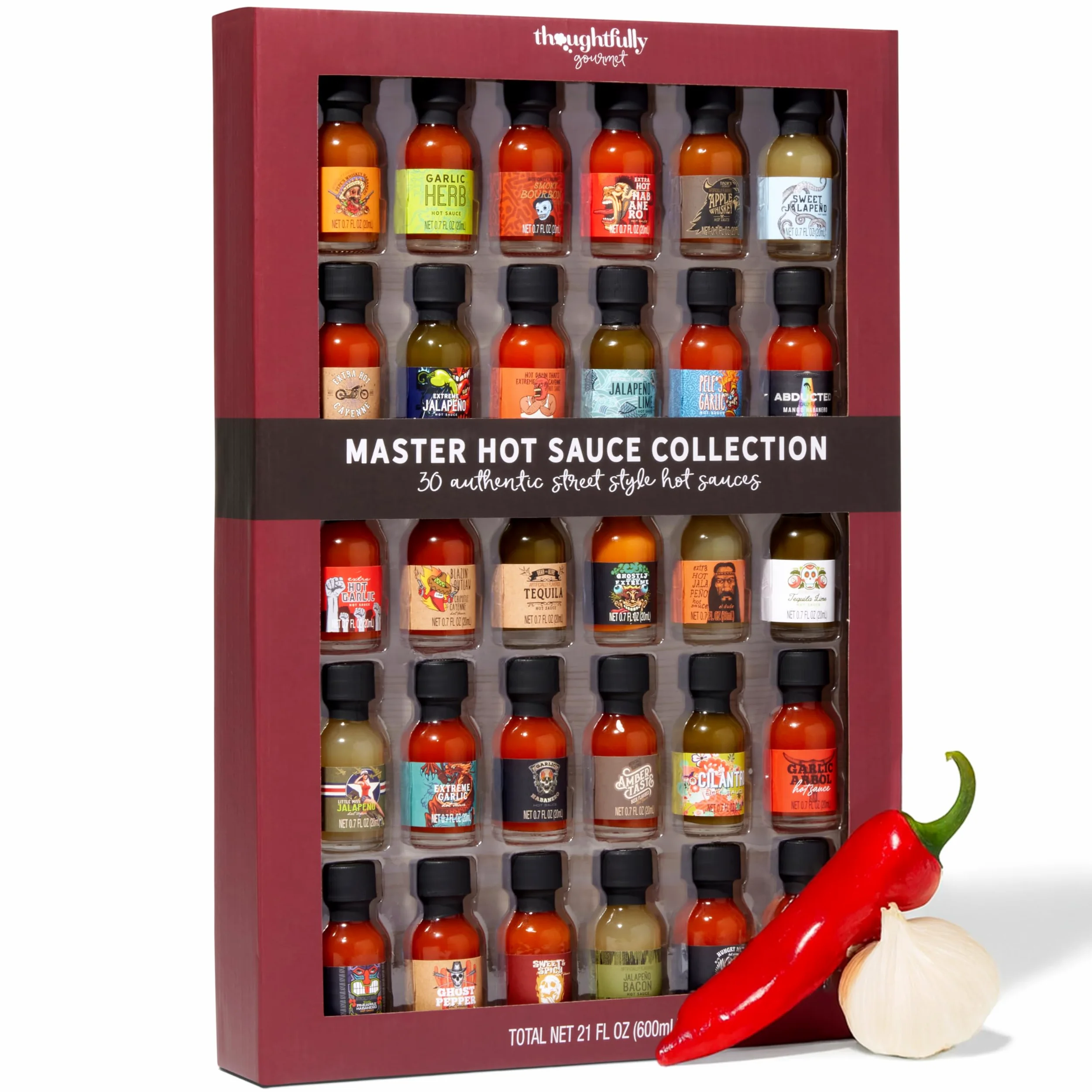 Thoughtfully – Set 30 Salse Piccanti dal Mondo – Hot Sauce Sampler – Regalo Originale per Uomo – Amanti del Piccante & Grillfans – Compleanno, Natale & Inaugurazione Casa – 30 x 20 ml