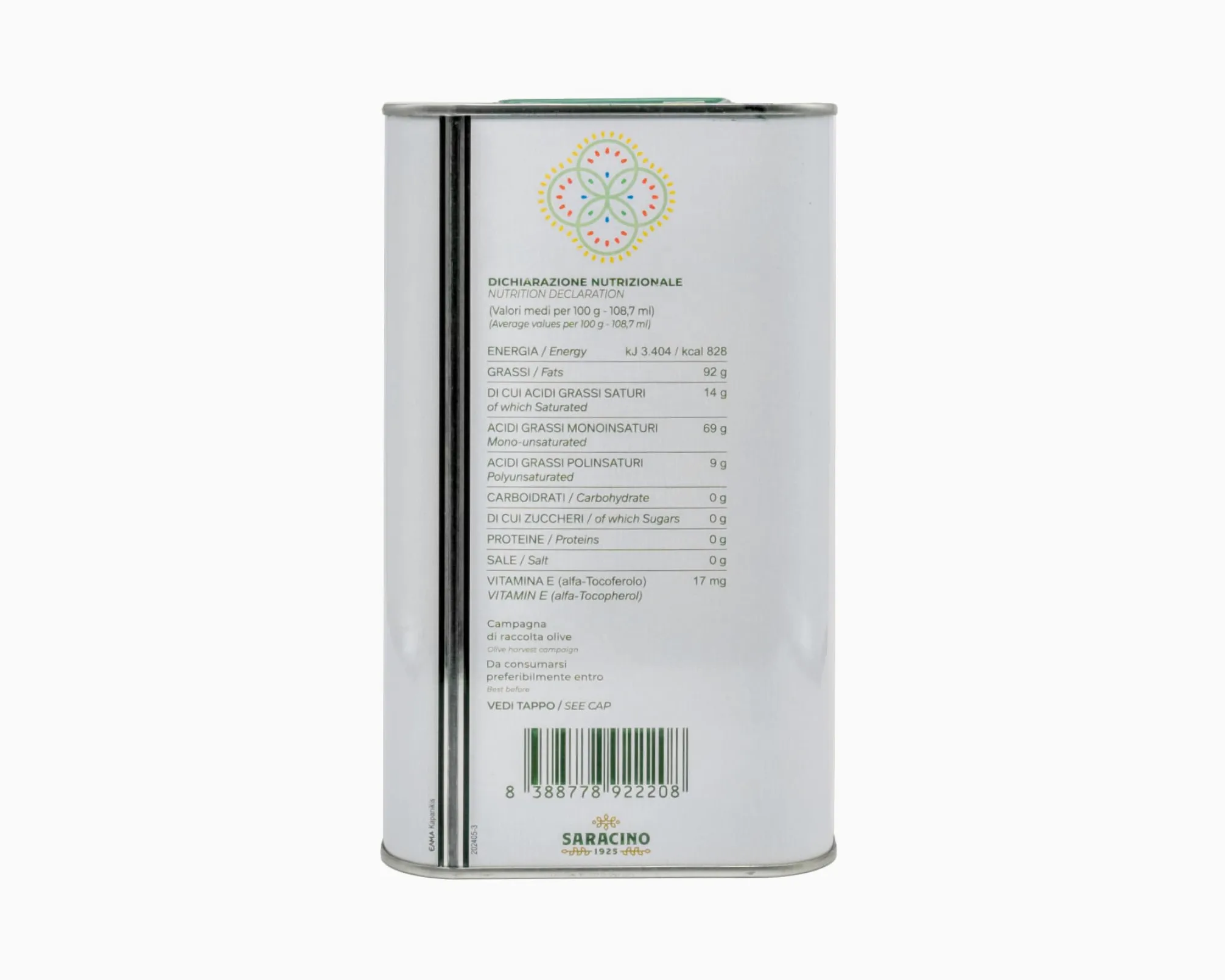 SARACINO 1925 Olio Extravergine di Oliva Italiano 100% – Lattina 3L – Estratto a Freddo – Bassa Acidità <0,4% – Blend Cellina di Nardò, Ogliarola Salentina e Leccino – Olio EVO di Qualità Superiore