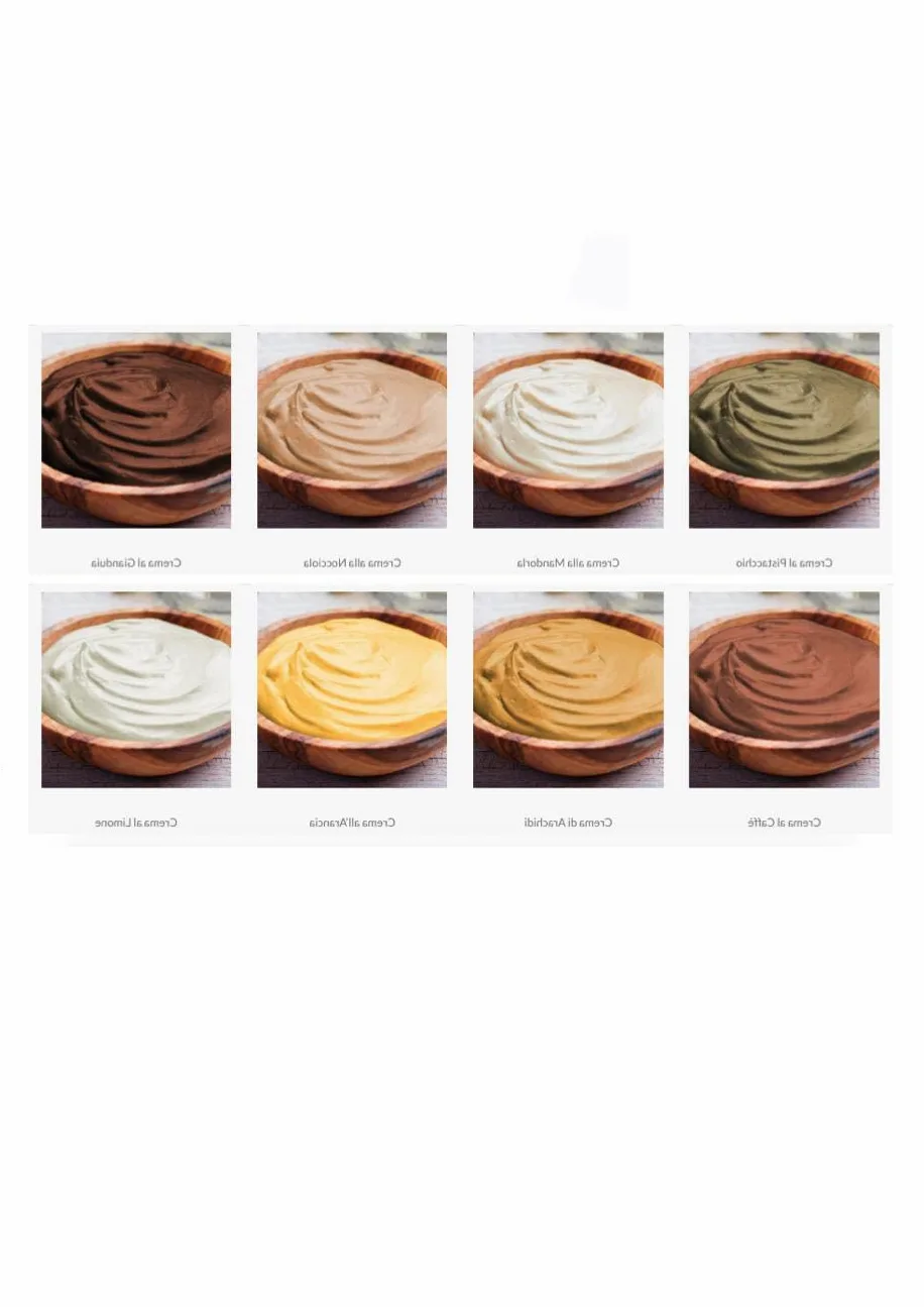 Creme spalmabili Scyavuru, in secchiello. I gusti: Pistacchio, Mandorla, Nocciola, Gianduia, Arancia, Limone, Caffé. 7 vasi da 3 kg. 1 vaso per ogni gusto