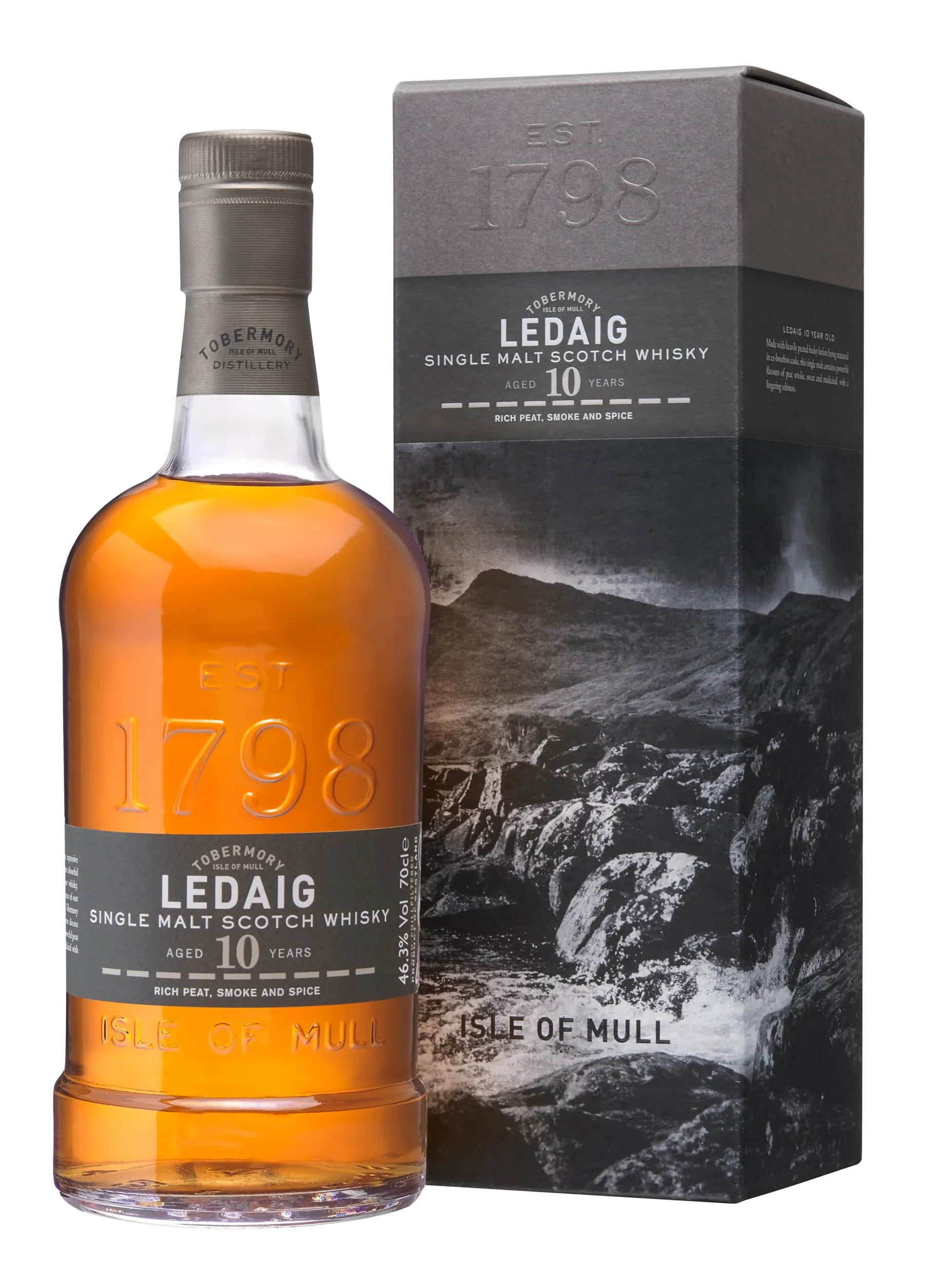 Ledaig 10 Ans - Single Malt Scotch Whisky Île de Mull - 46.3% 70 cl - Avec coffret - Whisky riche et tourbé