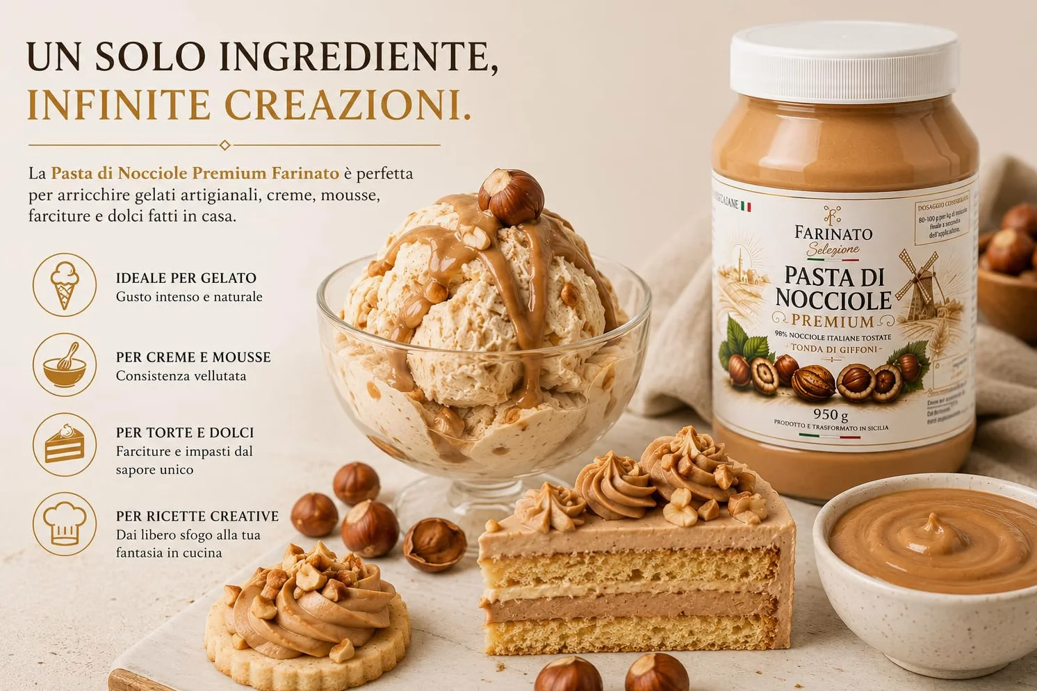 Pasta di Nocciole Premium 950g – 98% Nocciole Italiane Tostate Tonda di Giffoni – Pasta Pura per Gelato, Creme, Mousse e Pasticceria – Senza Olio di Palma – Farinato Selezione
