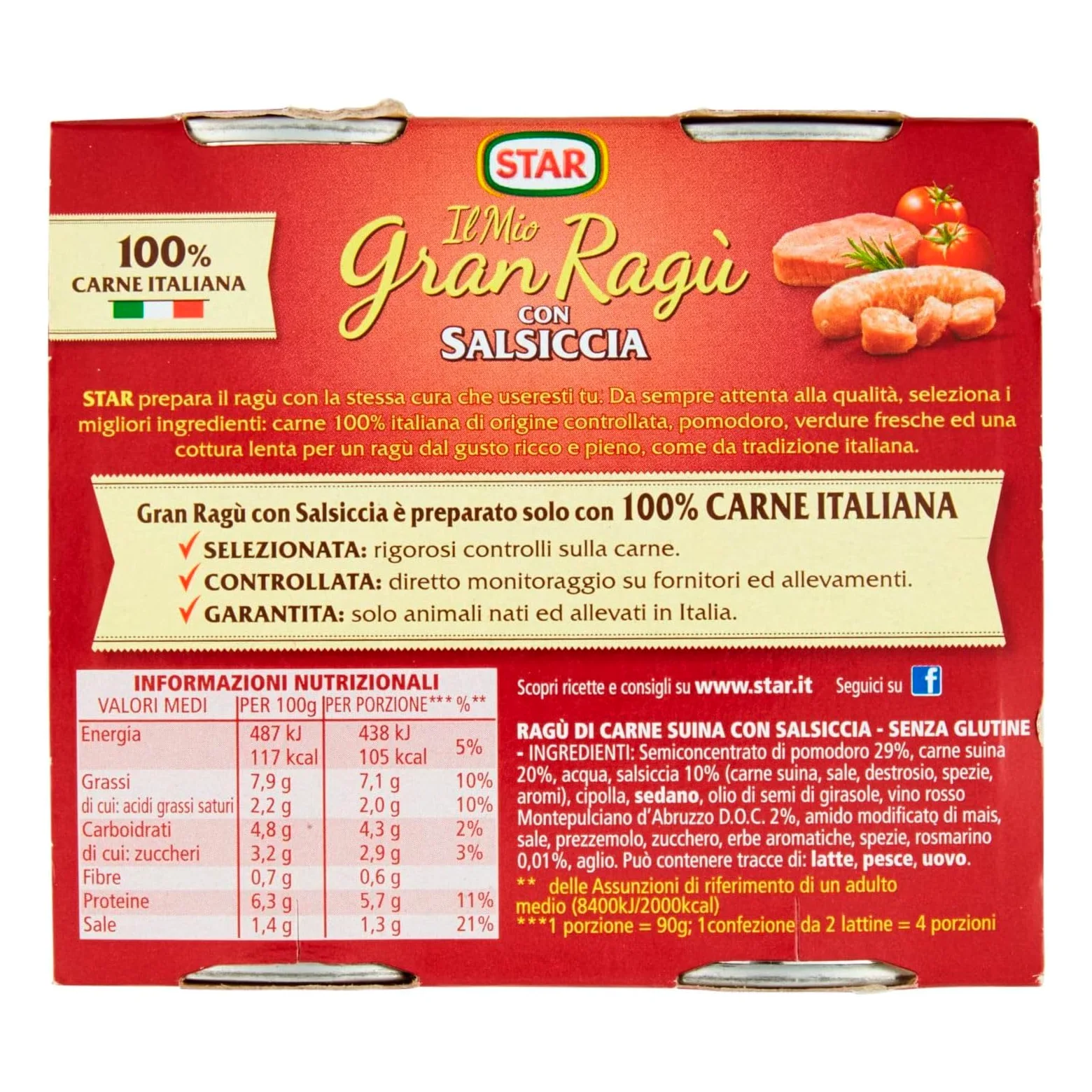 Star Il Mio Gran Ragù Star Il Mio Gran Ragù Mix Sughi Pronti Classico Extra Gusto Salsiccia Speck con Pomodoro Conserve Senza Glutine - 16 Lattine da 180g