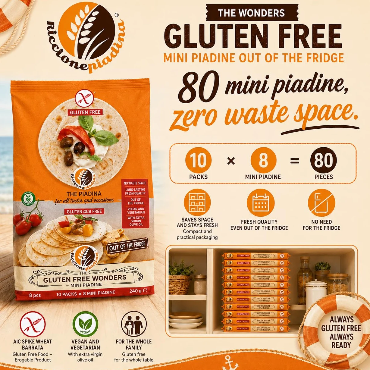Riccione Piadina Le Meraviglie Senza Glutine Mini Piadine Fuori Frigo - 10 Confezioni da 8 Mini (240 g) - Vegane, con Olio Extravergine, Marchio Spiga Barrata AIC