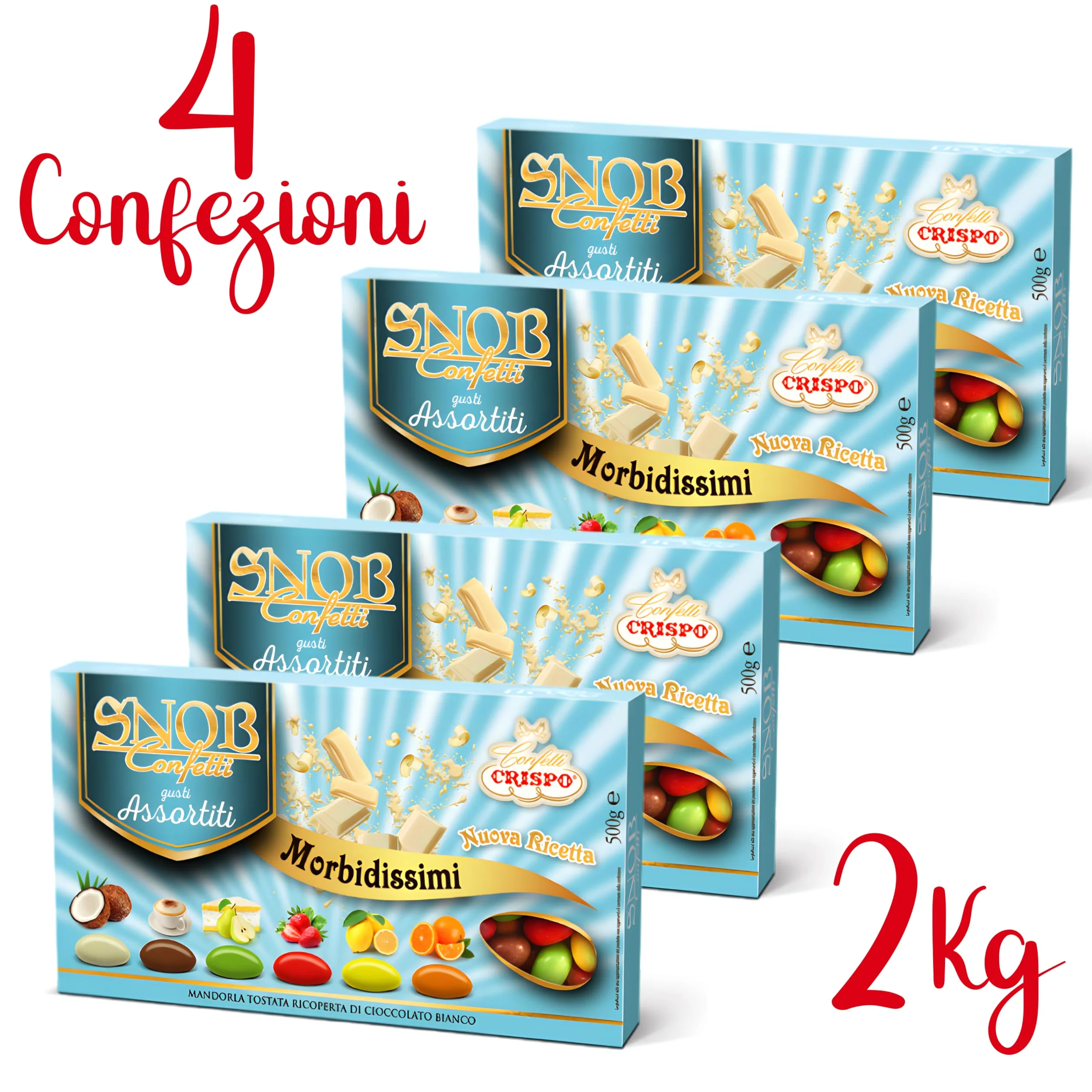 Confetti Snob Crispo 2 Kg, Gusti Assorititi con Mandorla Tostata Ricoperta di Cioccolato Bianco per Bomboniera Confettata Matrimonio Comunione - 2000 Grammi