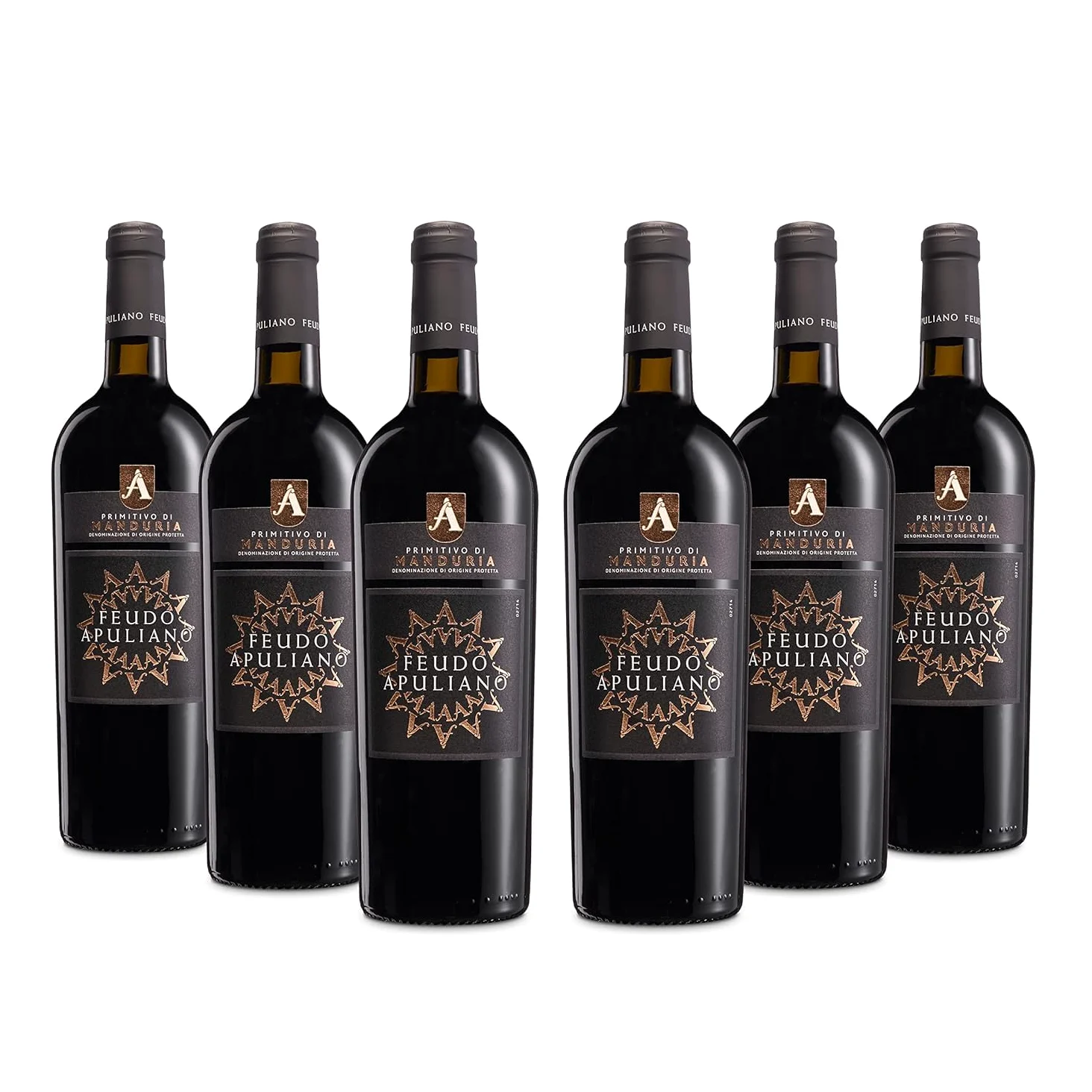 Feudo Apuliano Primitivo di Manduria DOP, Vino Rosso dal Gusto Corposo, Caldo con Retrogusto Persistente e Avvolgente, con Note di Frutta Matura, 15% Vol, Confezione con 6 Bottiglie da 750 ml