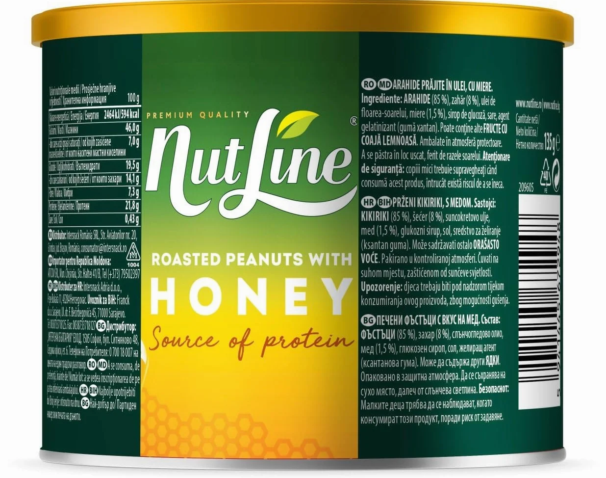 Nutline Arachidi Tostate al Miele – Set da 6 Barattoli da 135 g – Fonte di Proteine – Snack Croccante Dolce-Salato per Aperitivi, Uffici e Famiglie – Totale 810 g
