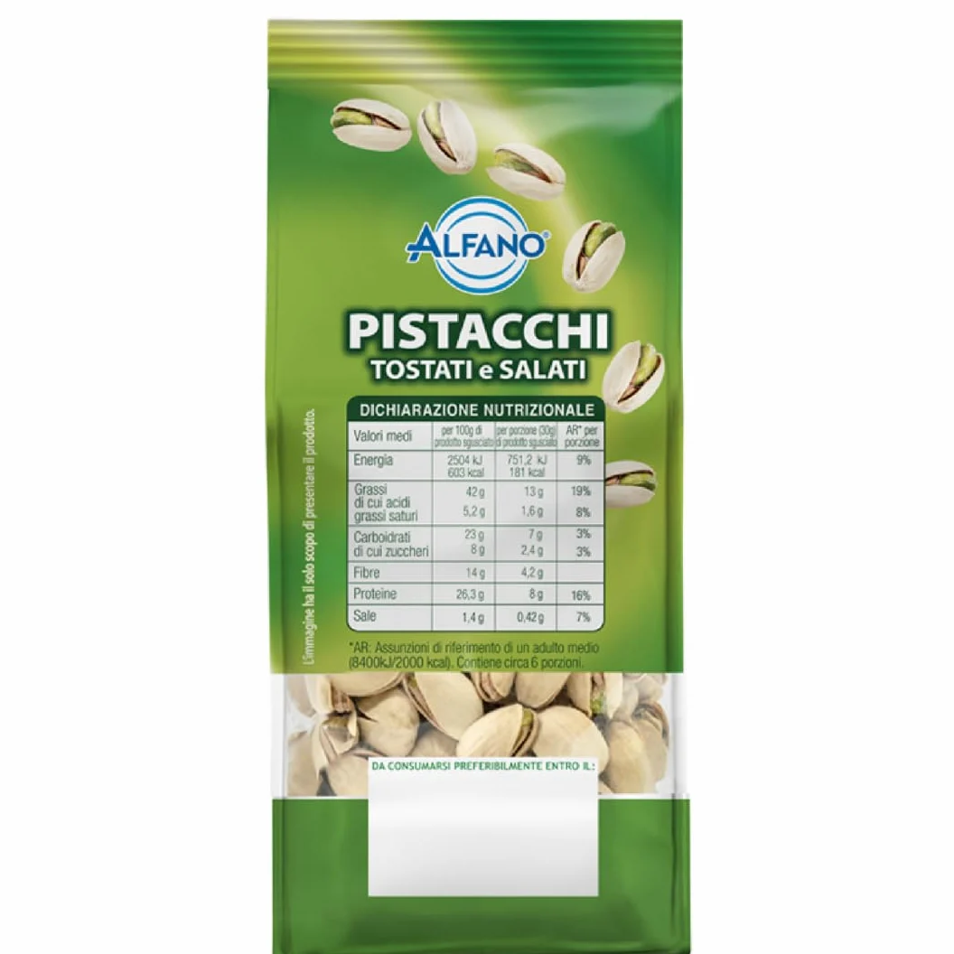 Alfano dal 1940 Pistacchi Salati Tostati 250g Frutta Secca Ricca di Fibre e Magnesio, Fonte di Potassio Ideale come Snack Aperitivo (16 Pezzi)