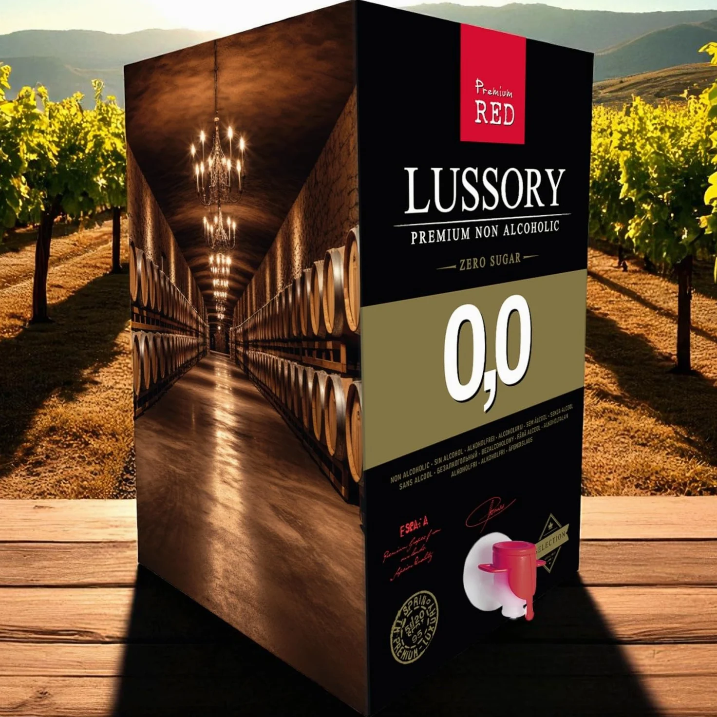 Vino Rosso SENZA ALCOL 0,0 - LUSSORY PREMIUM | Bag in Box 10 L | Equivalente a più di 13 bottiglie da 750 ml | Formato risparmio con rubinetto | SENZA zucchero, SENZA alcol, BASSO contenuto calorico