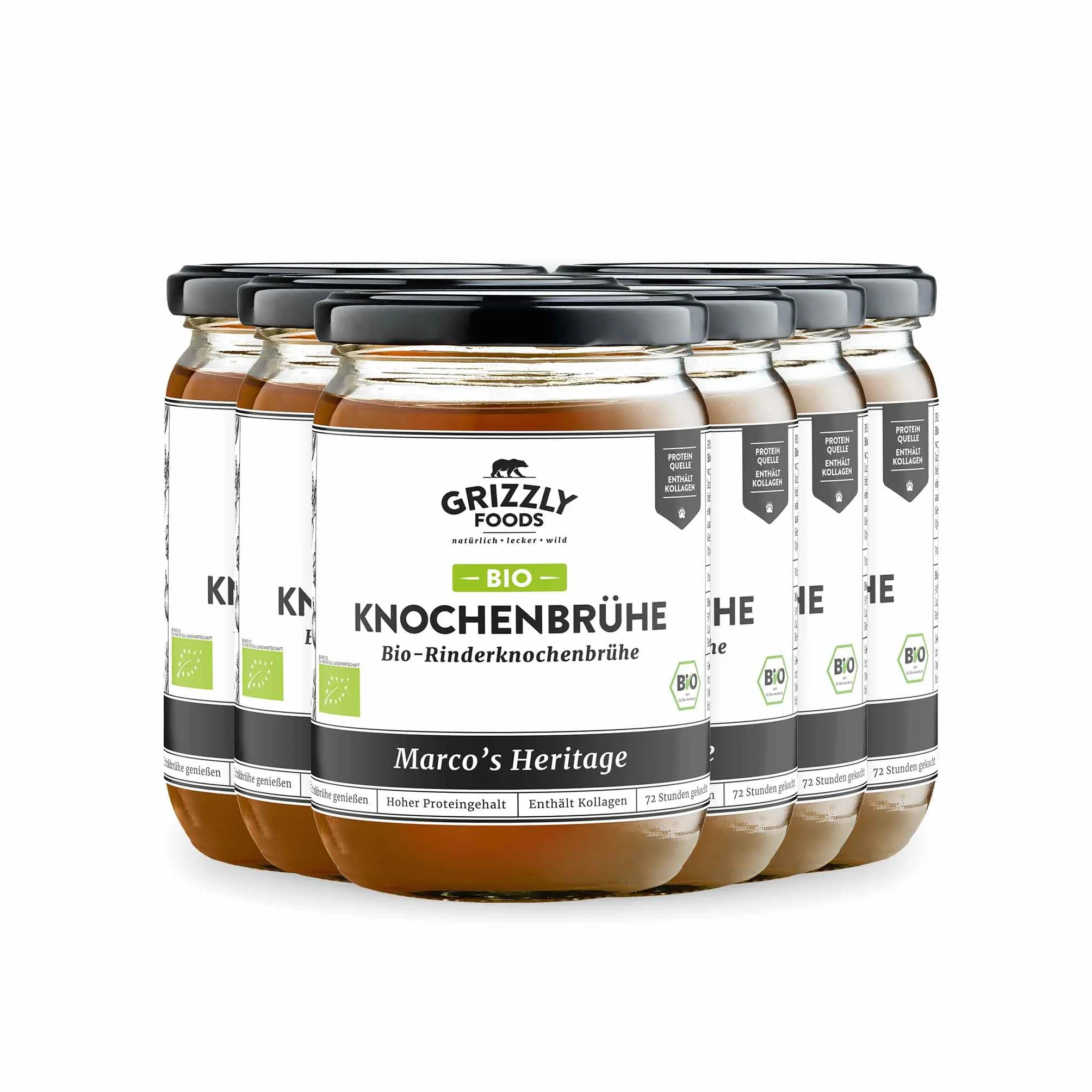 Grizzly Foods Brodo di ossa di manzo biologico (6 x 500 ml) - 25 g di collagene per bicchiere - Cotto per 72 ore - 100% naturale - Senza zucchero, senza additivi - Nutrienti preziosi - Bone Broth