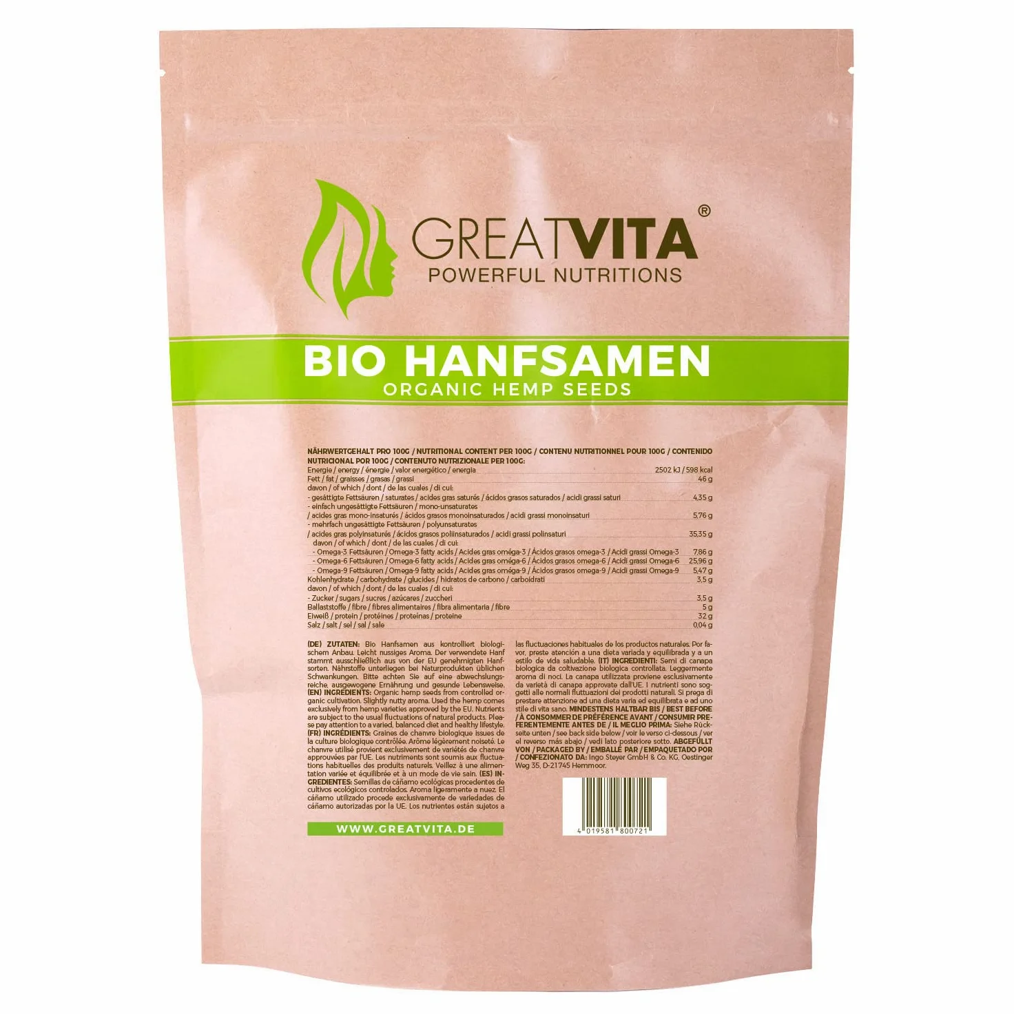 Semi di canapa organici MeaVita, pelati, confezione da 2 (2 x 1 kg)