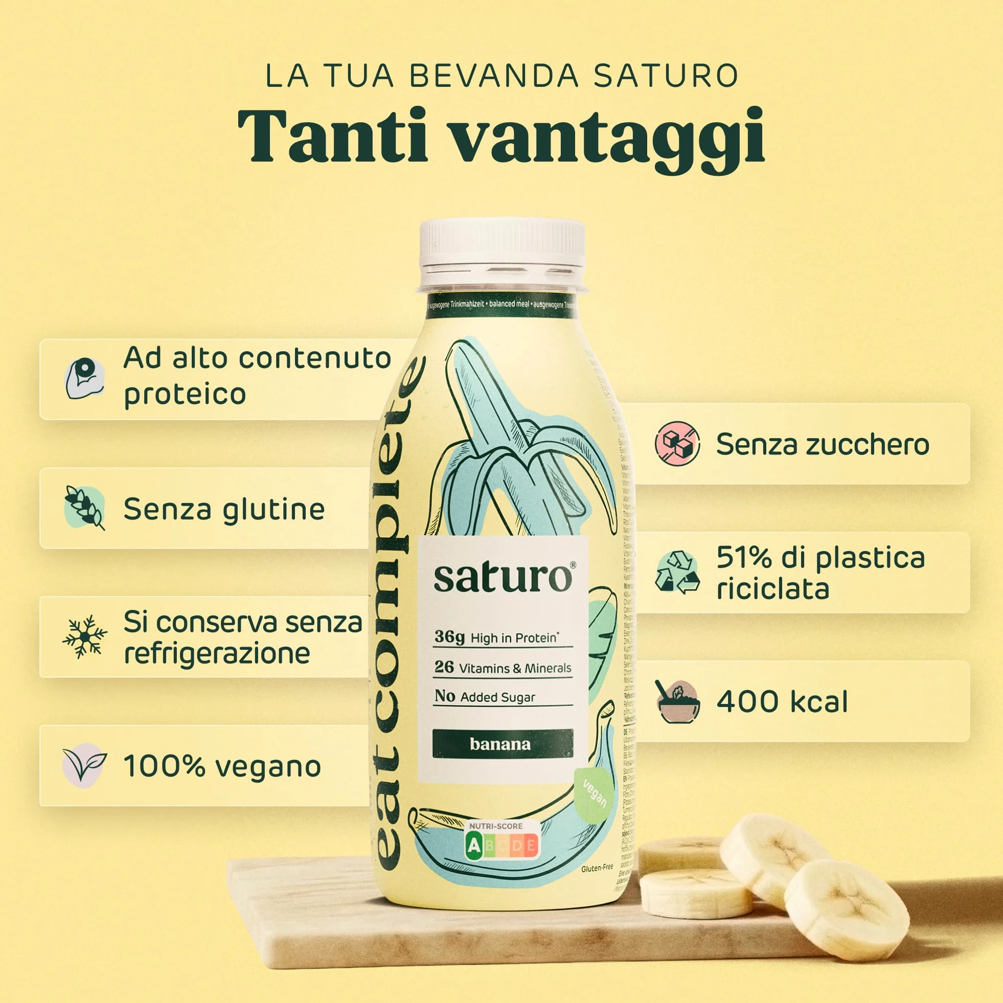 Saturo Pasto Sostitutivo Frullato Gusto Banana | 36 g di proteine & senza zucchero | 400 kcal | Vegano | Pasto Bevibile con Nutrienti Essenziali | 6 x 400 ml