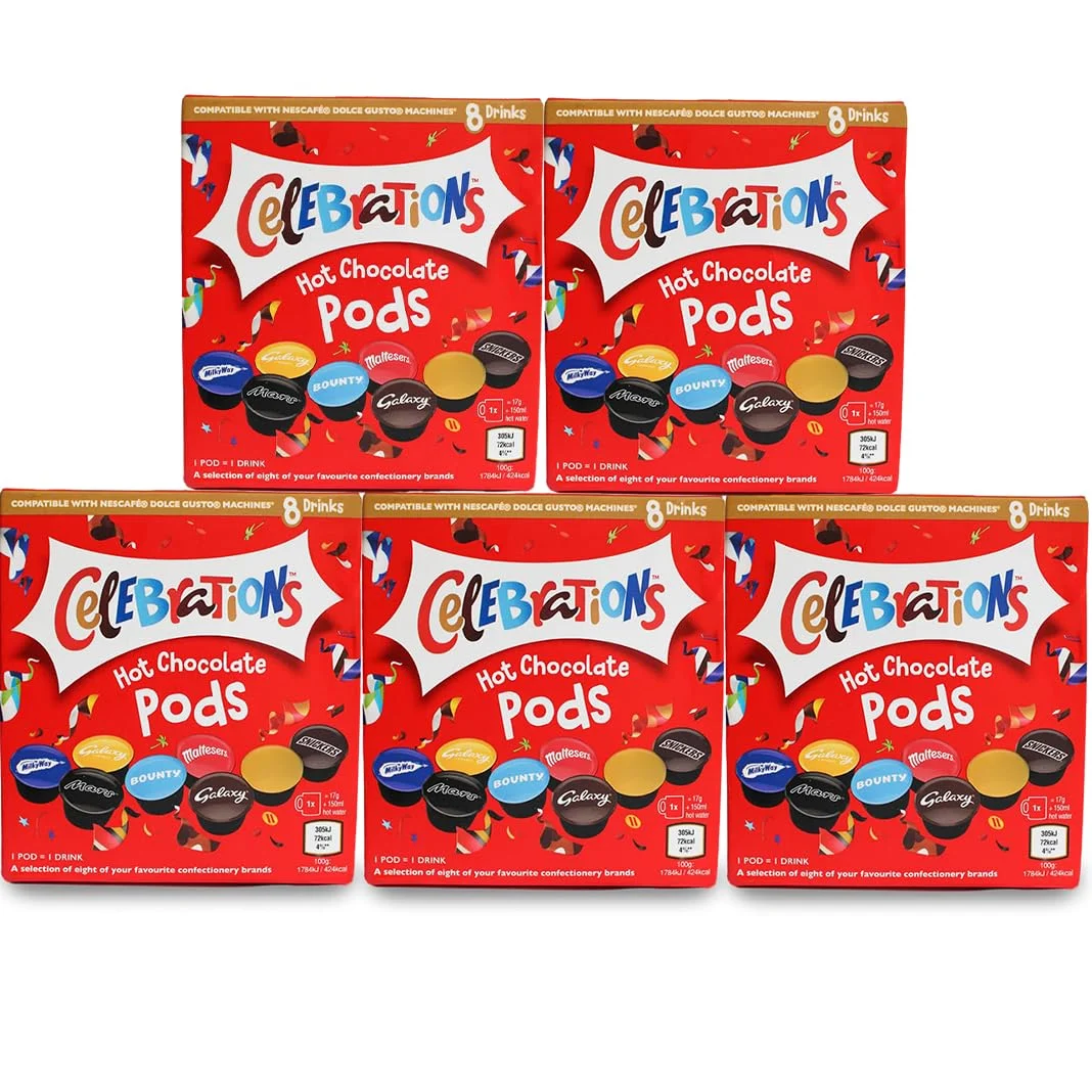 cafféluxe Celebrations compatible with Dolce Gusto Machine pods Hot Chocolate Pods - Twix, Mars, Bounty, Snickers, Galaxy, Malteser, Milky Way & Galaxy Caramel (40)