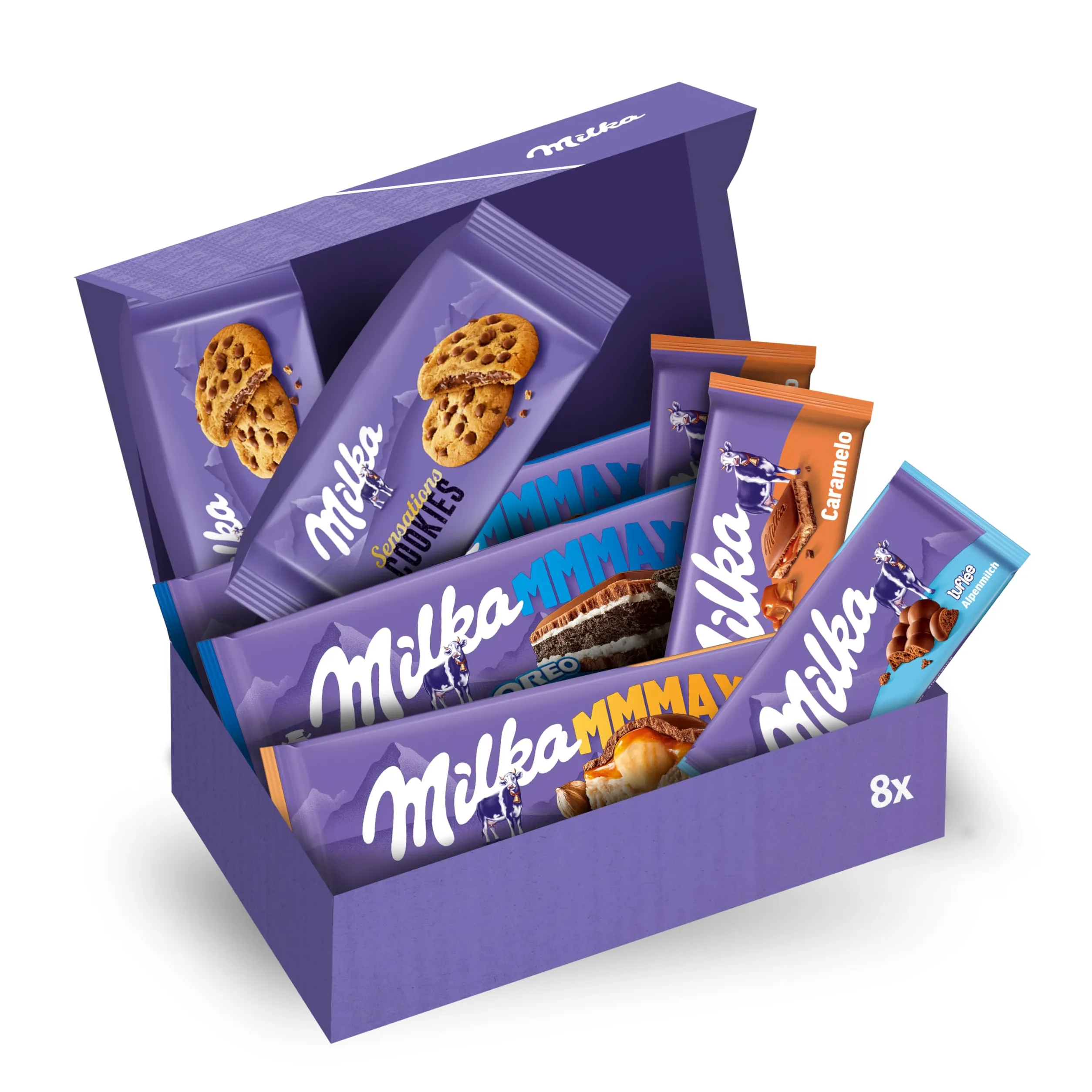 Milka Box (2 Cookie Sensations 156g, Tavoletta - 2 Oreo 300g, 1 Nocciole&Caramello 300g, 2 al latte con ripieno al caramello 100g, 1 Bubbly Latte Alpino 90g)