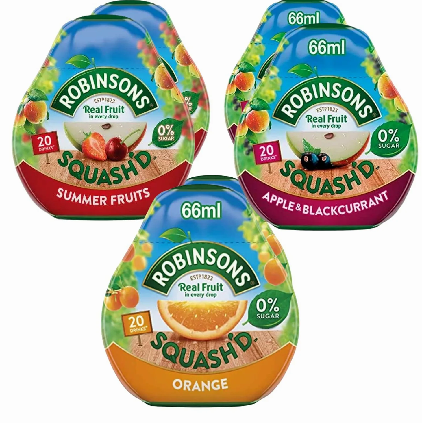 Robinsons Squash'd - 3 confezioni da 6 aromi (6 bottiglie da 66 ml), 2 frutti estivi in bundle con 2 arance e 2 mele e ribes nero, senza zucchero aggiunto frutta reale in ogni goccia