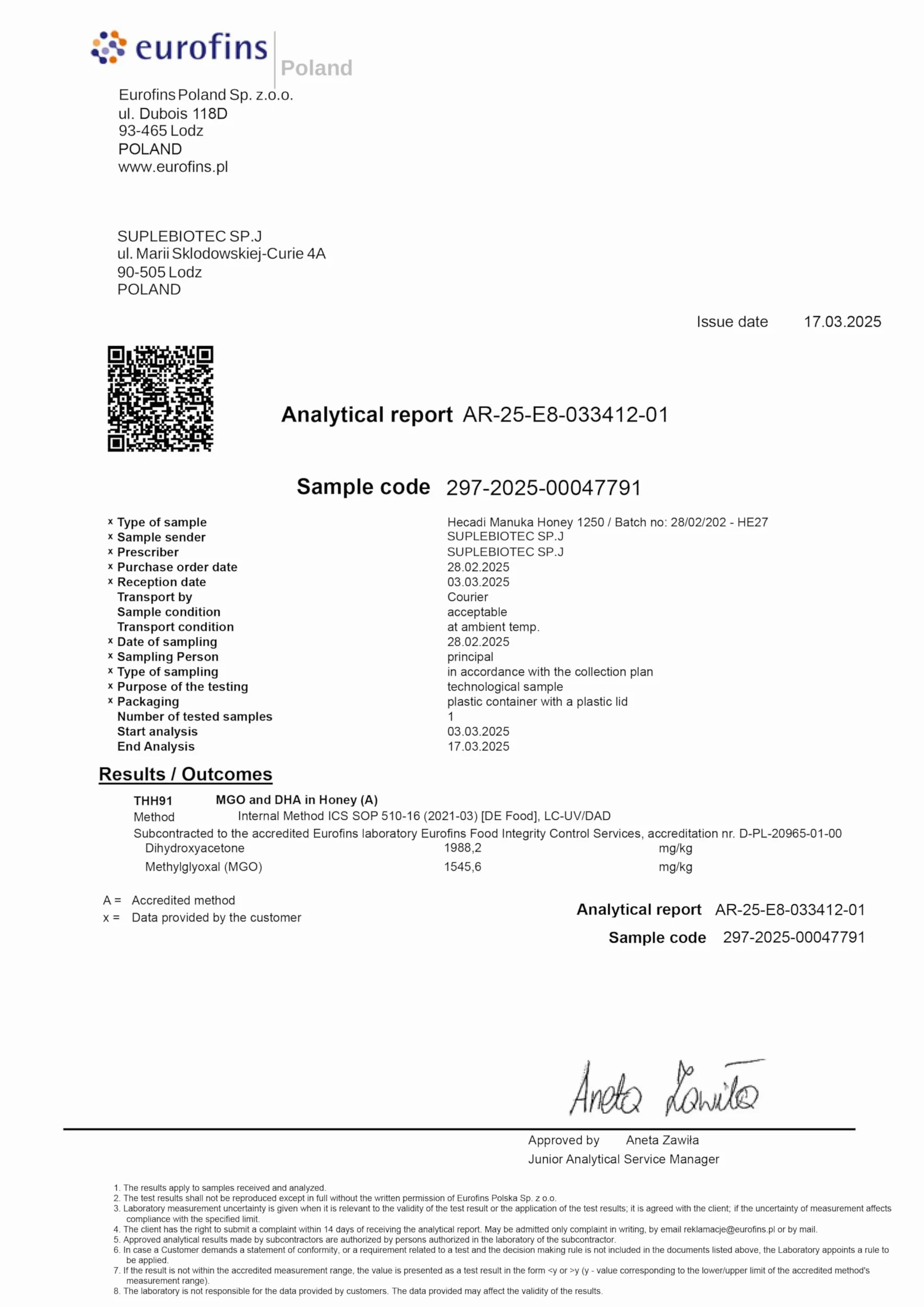 Miele di Manuka 1250+ Originale della Nuova Zelanda, con contenuto di MGO confermato 500g