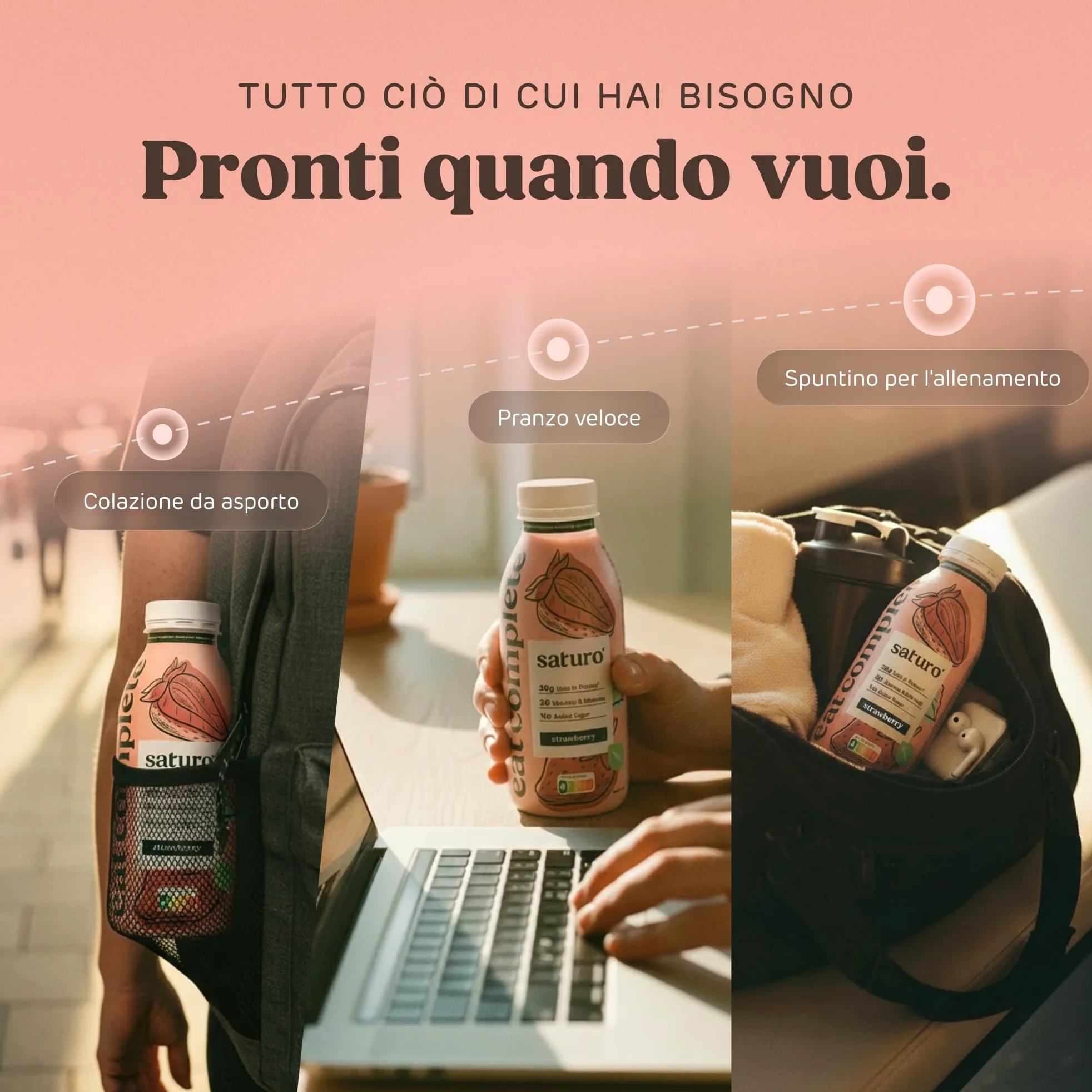 Saturo Pasto Sostitutivo Frullato Gusto Strawberry | 36 g di proteine & senza zucchero | 400 kcal | Vegano | Pasto Bevibile con Nutrienti Essenziali | Fragola | 6 x 400 ml