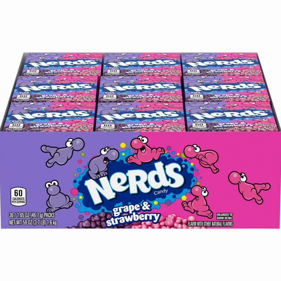 NERDS - Nerds Candy American Sour Candy | Combo perfetto di piccole caramelle al gusto di uva e fragola - Ideale per la condivisione - 36 pacchetti da 46,7 g