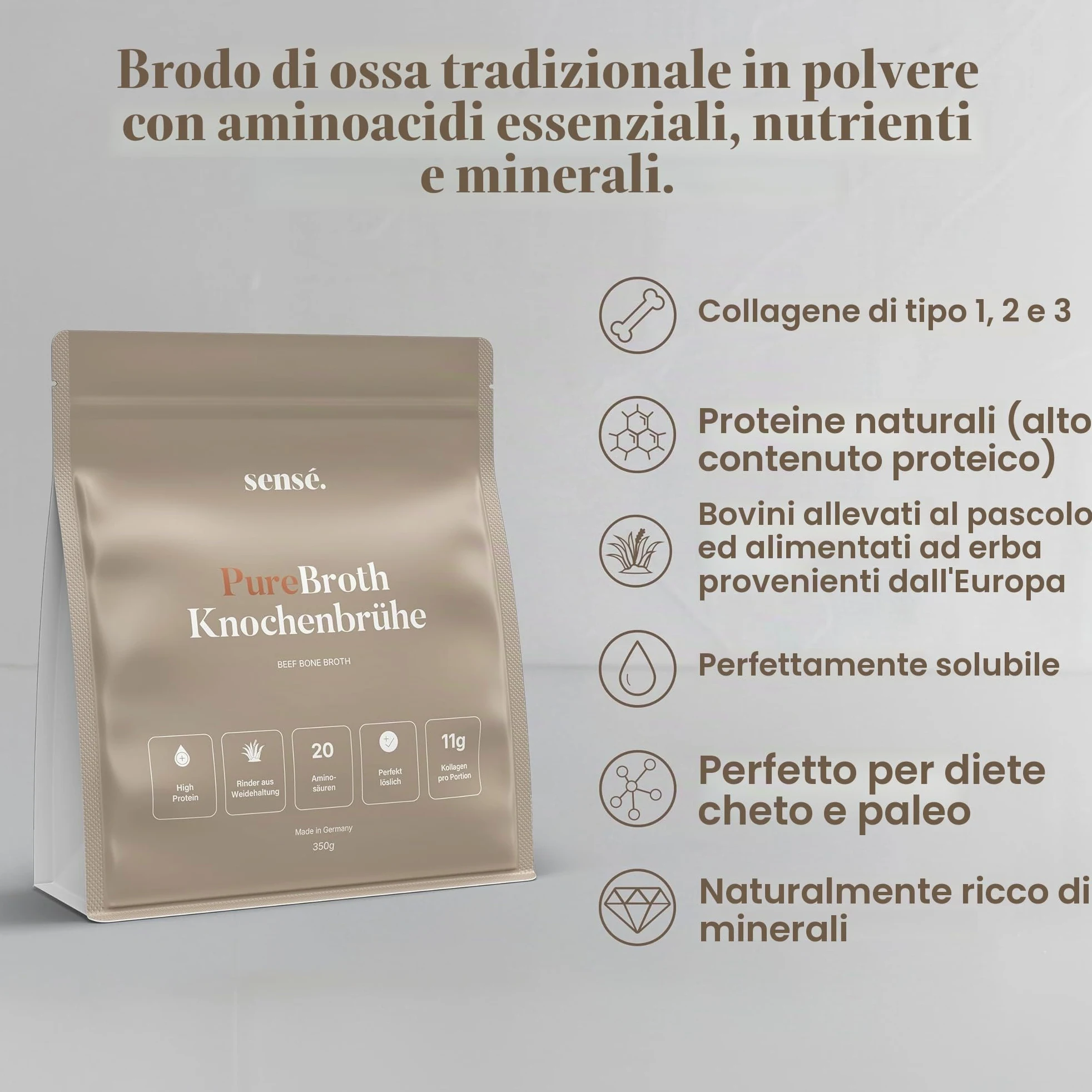 Brodo osseo in polvere di salice, dalla Germania, bioattivo, 350 g, collagene tipo 1,2 e 3 | Supporta articolazioni, intestini e pelle | alto contenuto proteico | Leaky Gut, Keto, Paleo | senza sale |