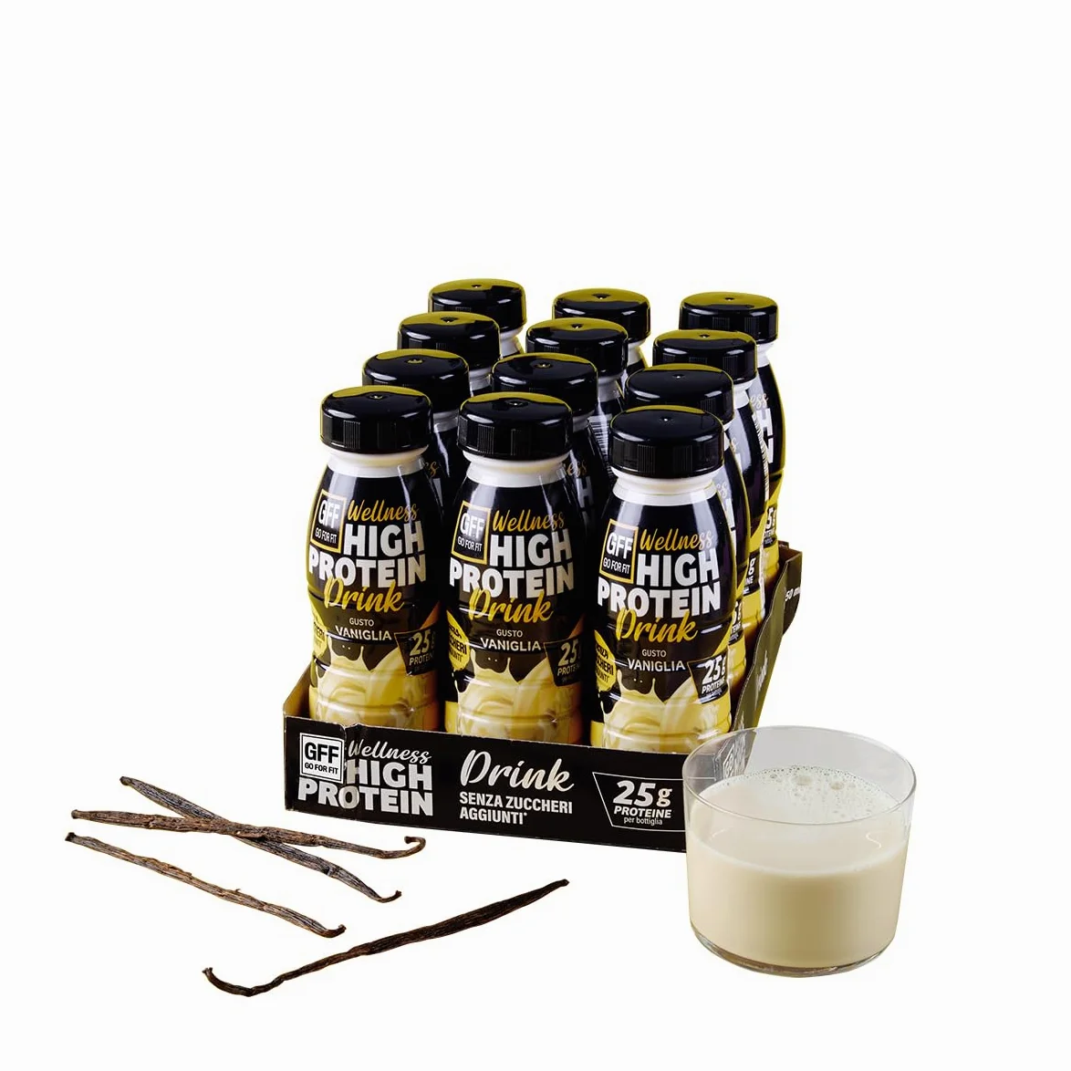 GFF GO FOR FIT GFF Go For Fit | Drink Proteico Gusto Vaniglia, Bevanda a Base di Proteine del Latte, Basso Contenuto di Grassi e Senza Zuccheri Aggiunti, 12 x 250ml
