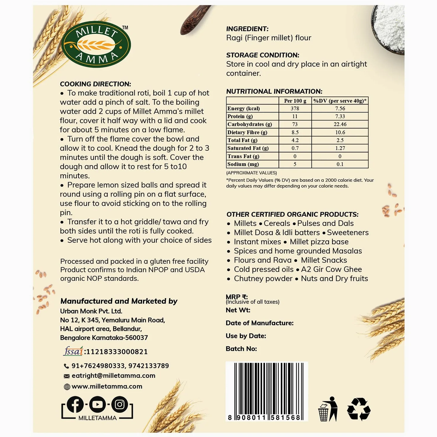 MILLET AMMA Farina Biologica Ragi (Finger Millet)- 2 Kg, Fatta Con Miglio Non Lucidato, Ricca Di Calcio, Fibre, Minerali E Aminoacidi, A Basso IG E Ottima Per Regolare I Livelli Di Zucchero,A Basso IG