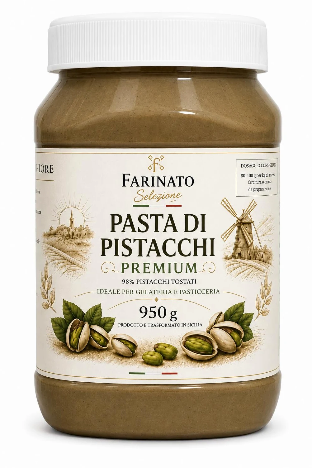 FARINATO Pasta di Pistacchio Premium 950g – 98% Pistacchi Tostati – Alta Percentuale – Semilavorato per Gelateria e Pasticceria – Prodotto e Trasformato in Sicilia