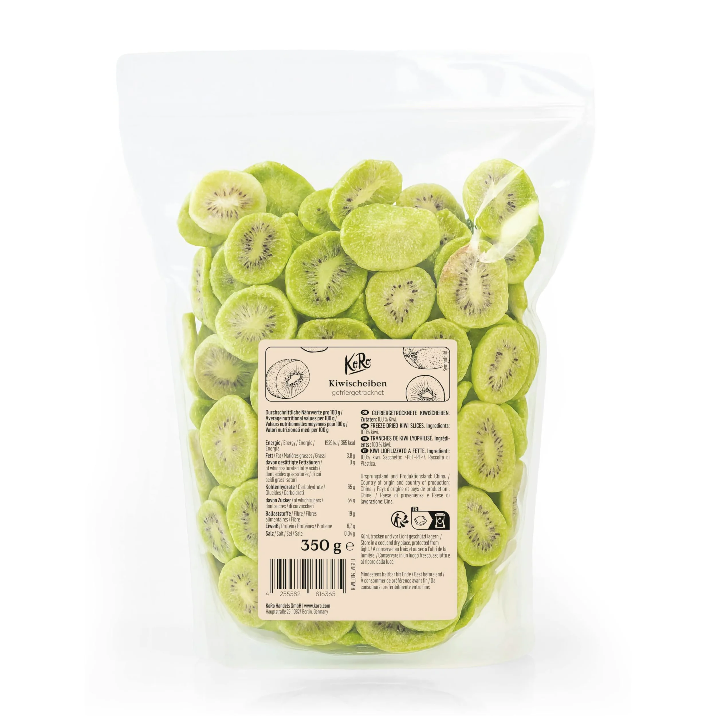 KoRo - Kiwi liofilizzati a fette 350 g - 100% kiwi - Alto contenuto di fibre - Senza additivi