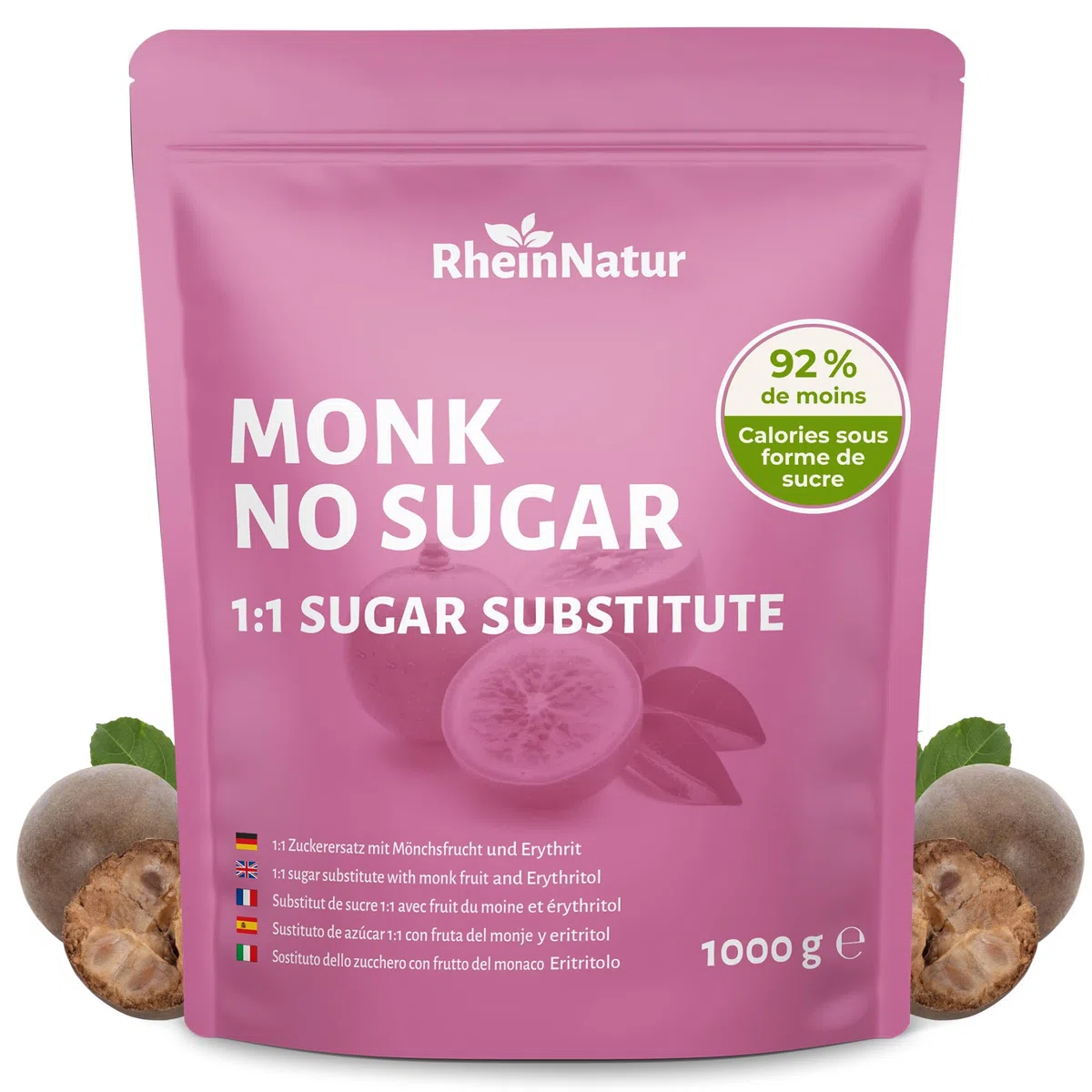 RheinNatur Sostituto dello zucchero a base di frutto del monaco 1 kg - Sostituto 1:1 dello zucchero a base di frutto del monaco ed eritritolo - Confezione da 1000 g